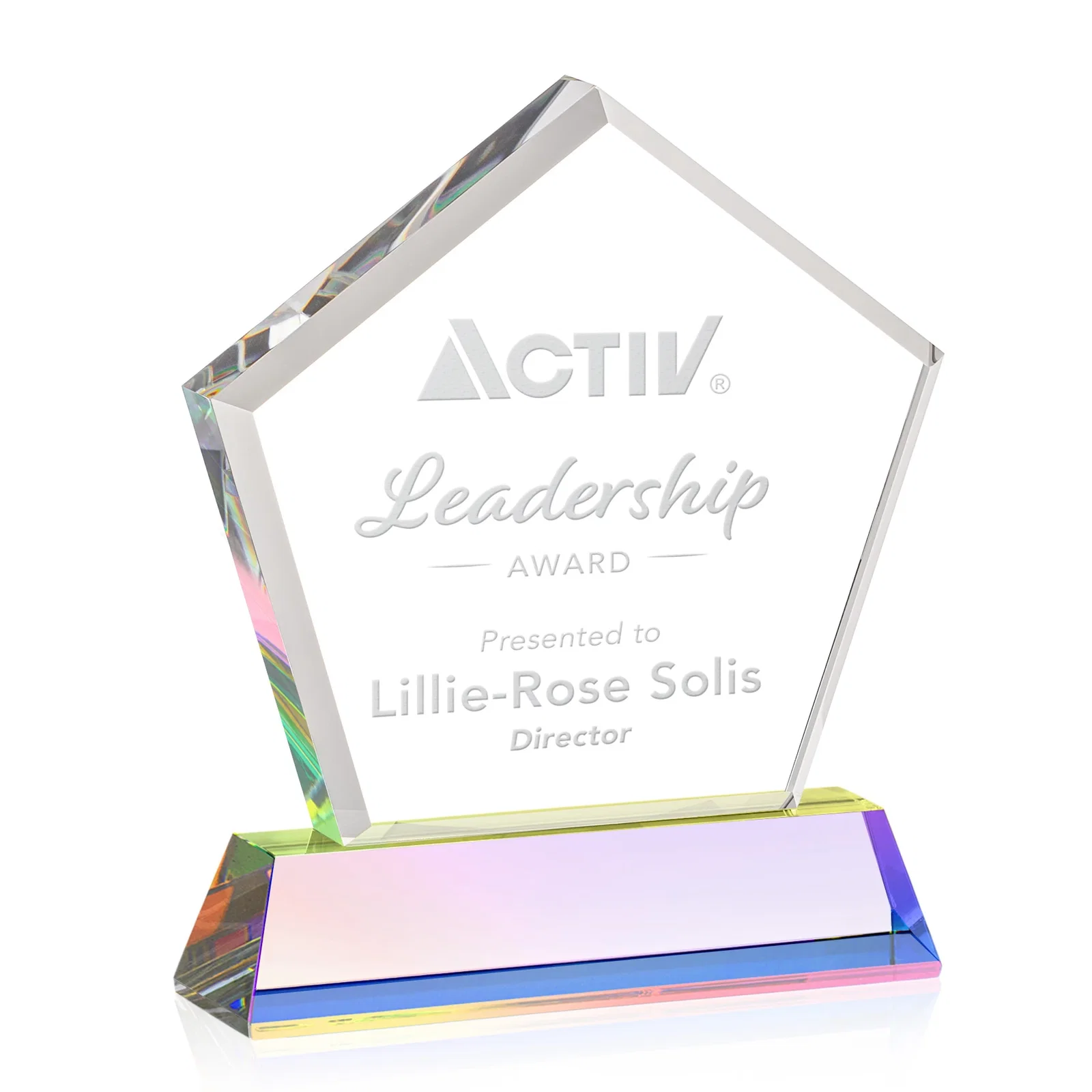 Branded Optical Crystal Pentagon Award with Beveled Frame on Tapered Base, awards, with your logo for retirement presentations