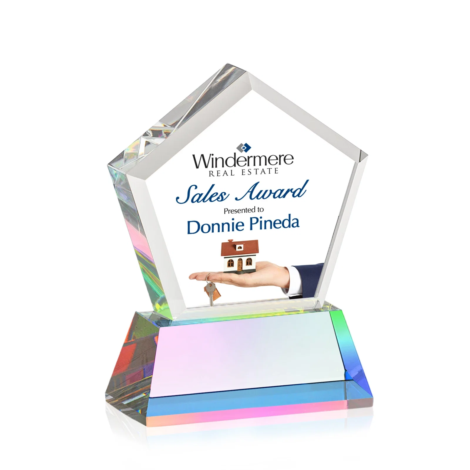 Branded Optical Crystal Pentagon Award with Beveled Frame on Tapered Base, awards, with your logo for donor appreciation