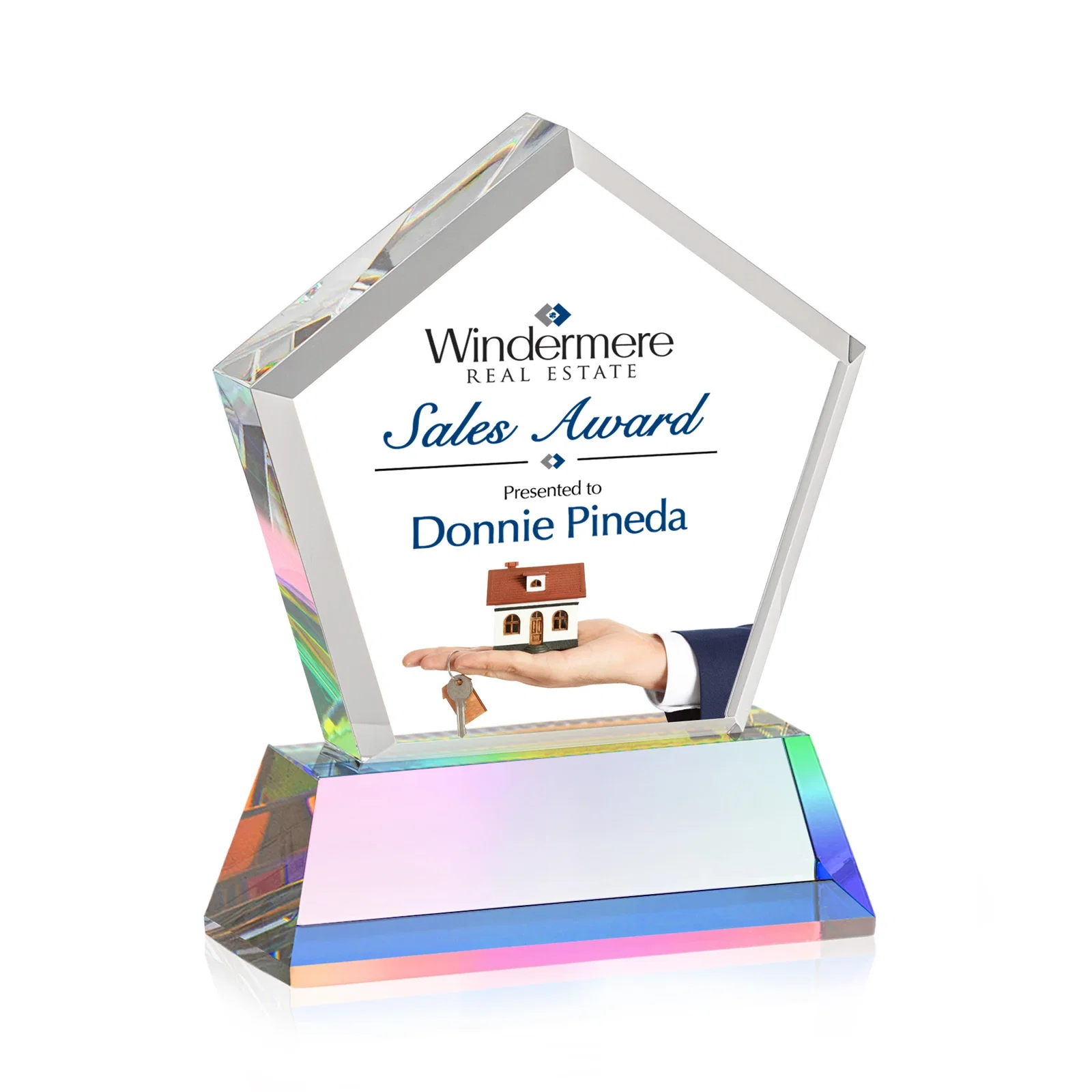 Branded Optical Crystal Pentagon Award with Beveled Frame on Tapered Base, awards, with your logo for graduation ceremonies