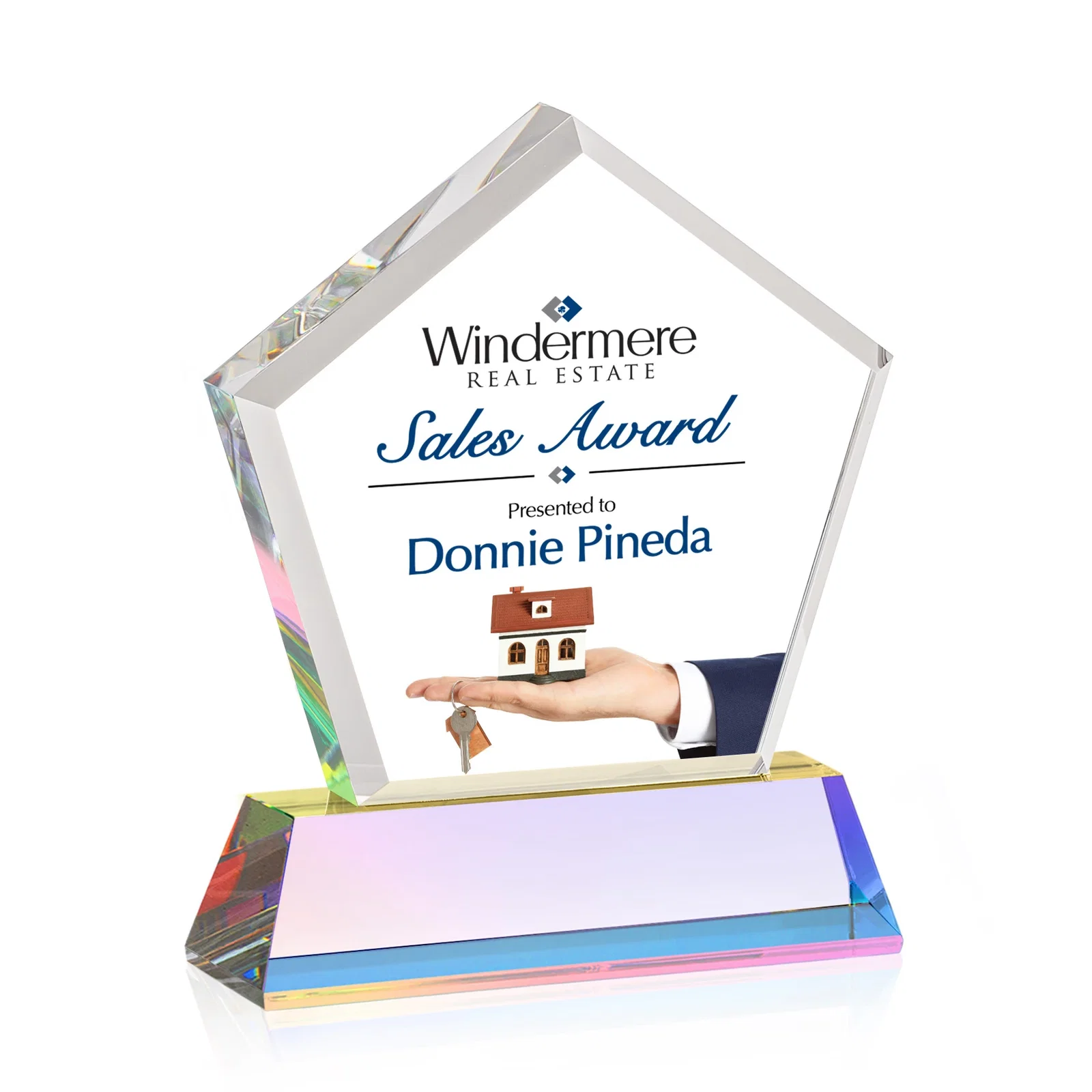 Branded Optical Crystal Pentagon Award with Beveled Frame on Tapered Base, awards, with your logo for safety achievement programs