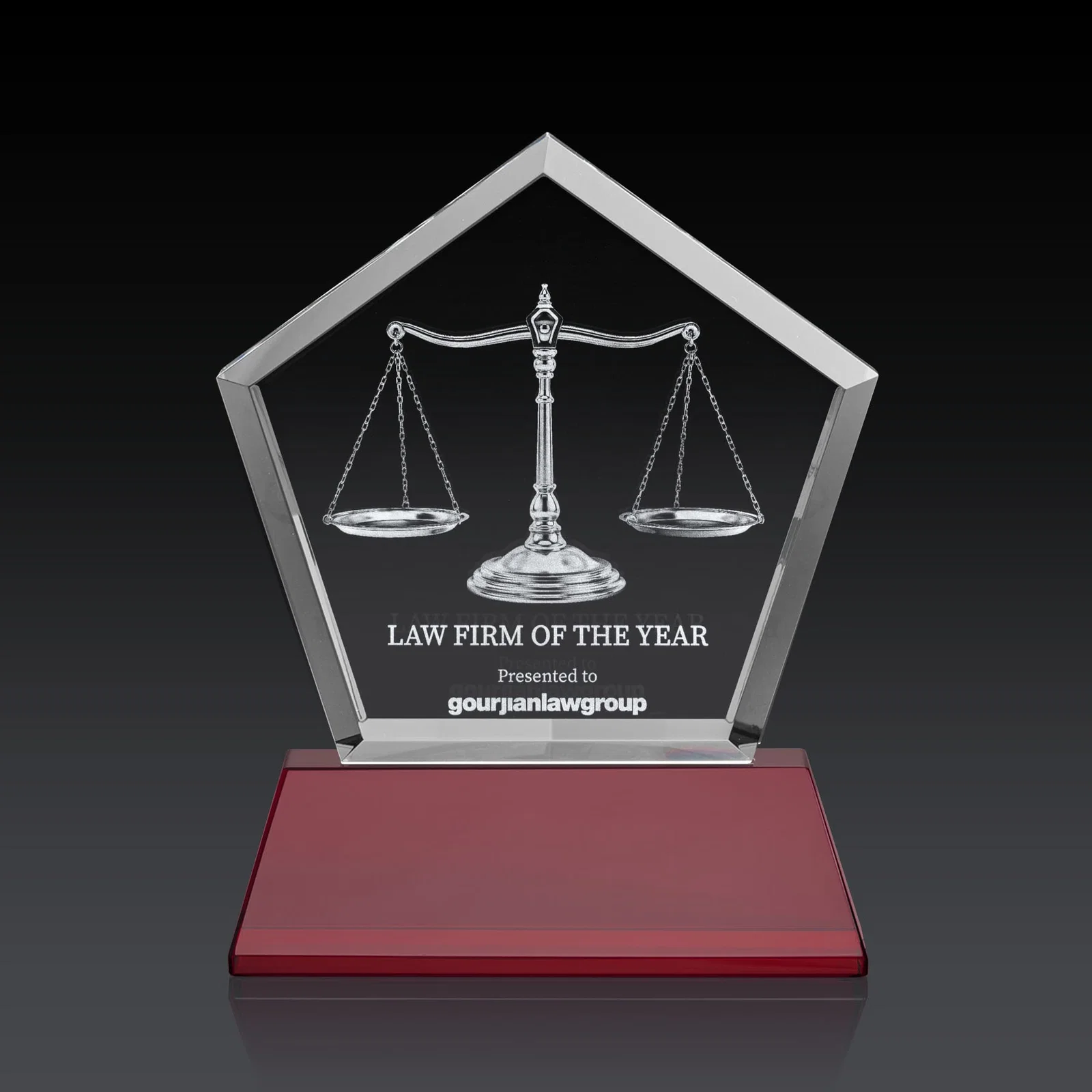 Personalized Optical Crystal Pentagon Award with Beveled Frame on Tapered Base, awards for employee recognition