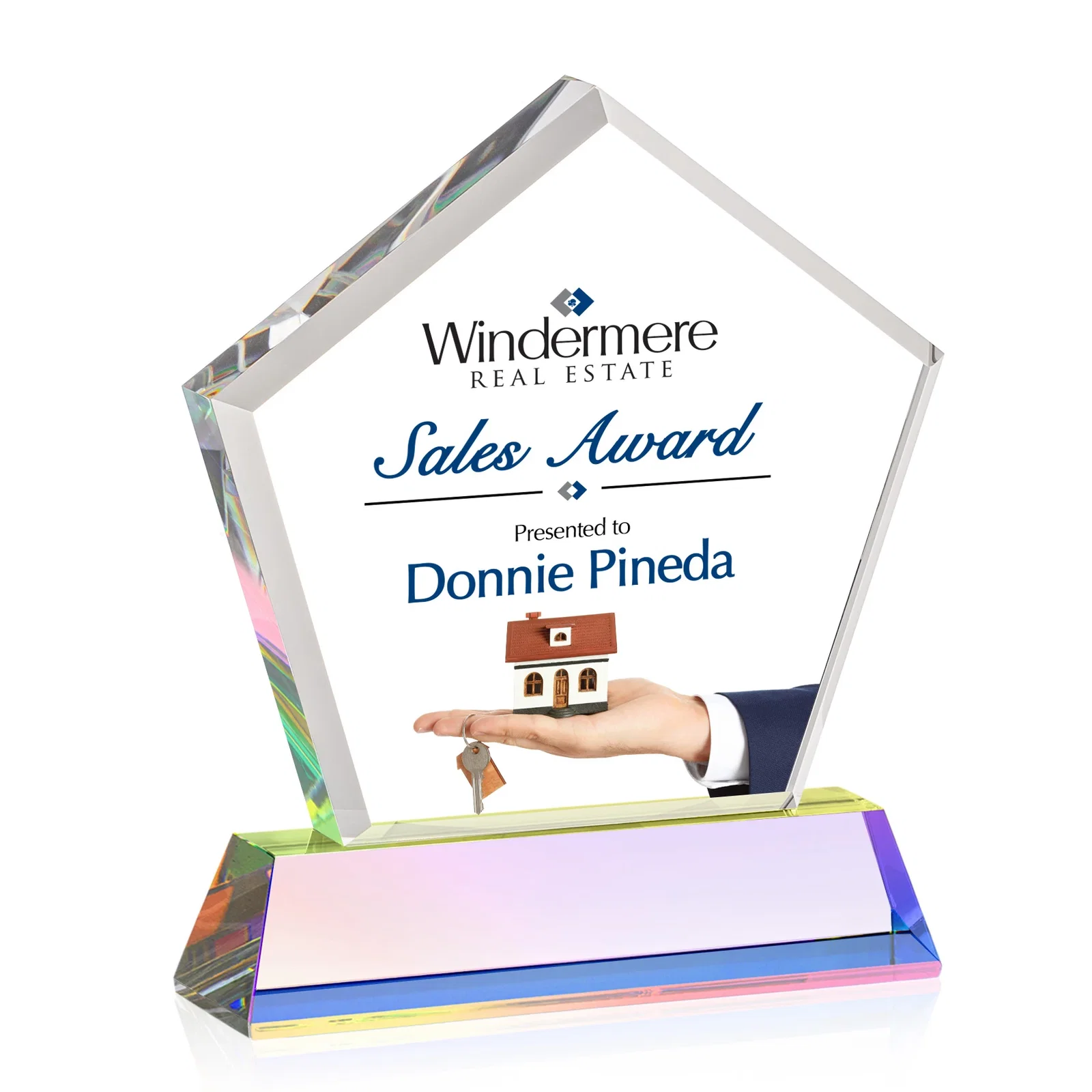 Branded Optical Crystal Pentagon Award with Beveled Frame on Tapered Base, awards, with your logo for volunteer appreciation
