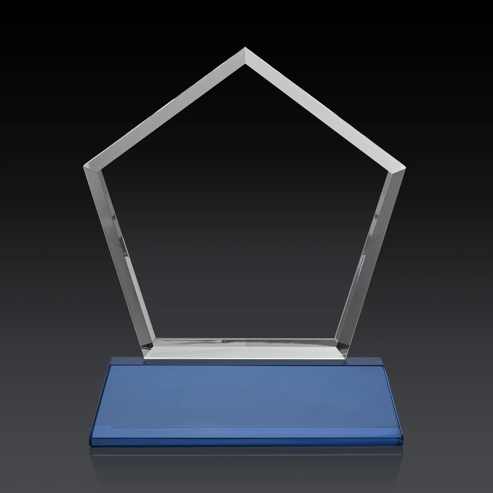 Custom printed Optical Crystal Pentagon Award with Beveled Frame on Tapered Base, awards, with your logo for retirement presentations
