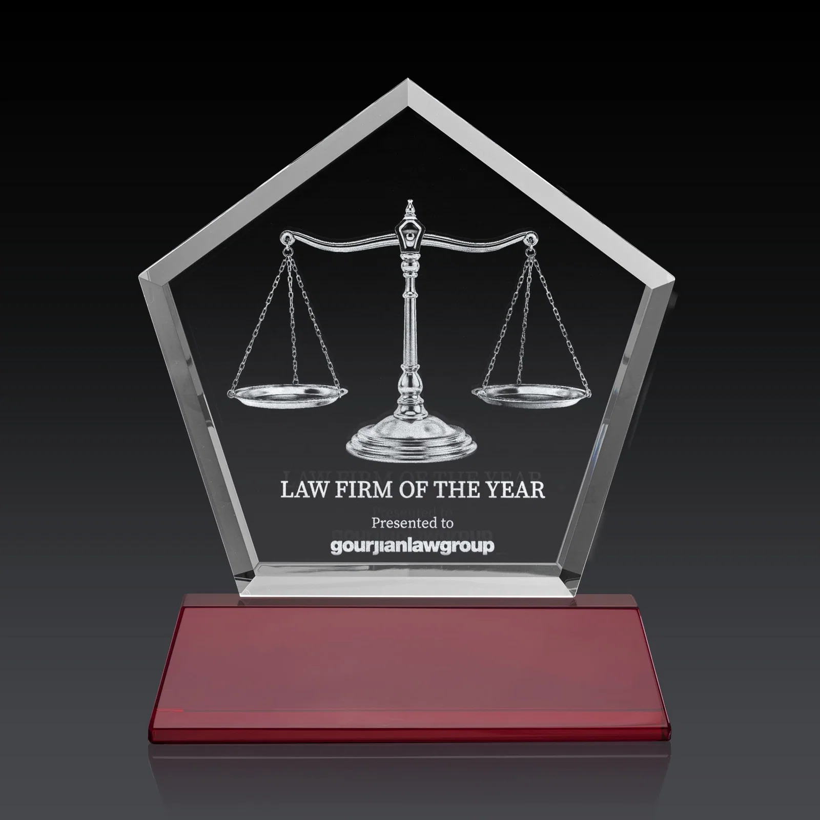 Personalized Optical Crystal Pentagon Award with Beveled Frame on Tapered Base, awards for corporate award ceremonies