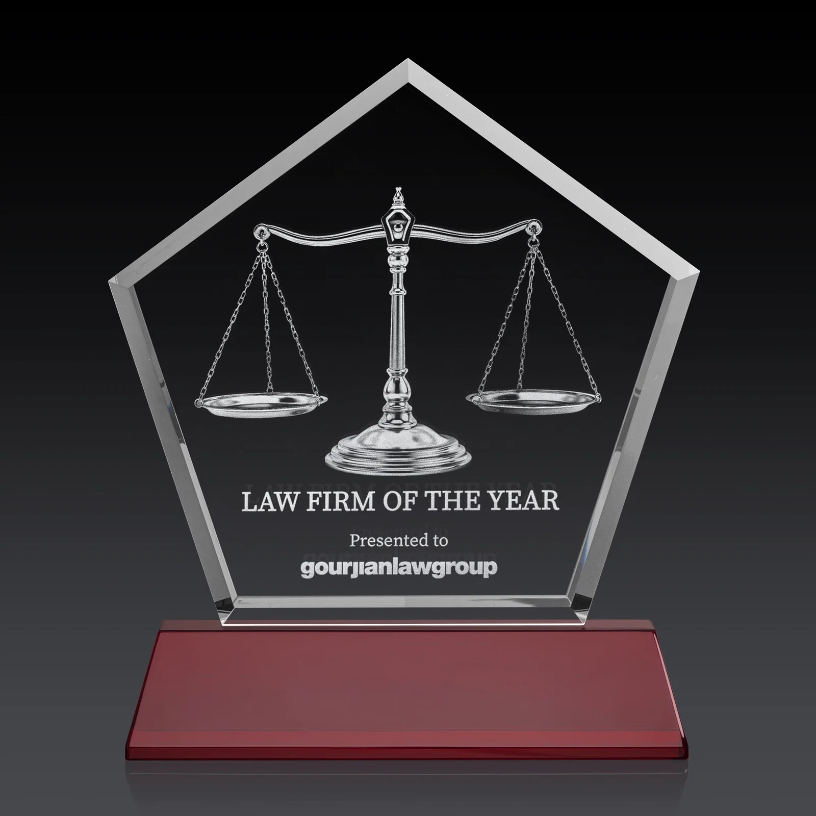 Personalized Optical Crystal Pentagon Award with Beveled Frame on Tapered Base, awards for service anniversary gifts