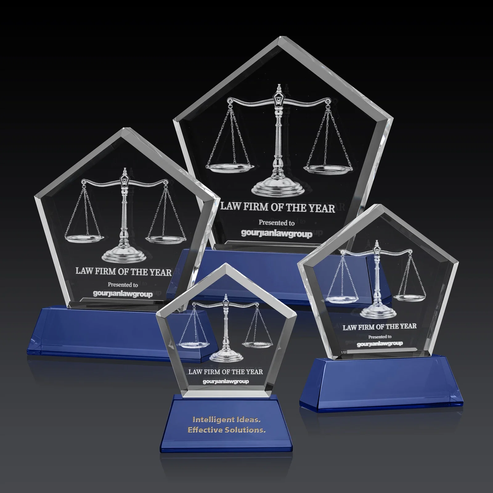 Personalized Optical Crystal Pentagon Award with Beveled Frame on Tapered Base, awards for sales achievement awards