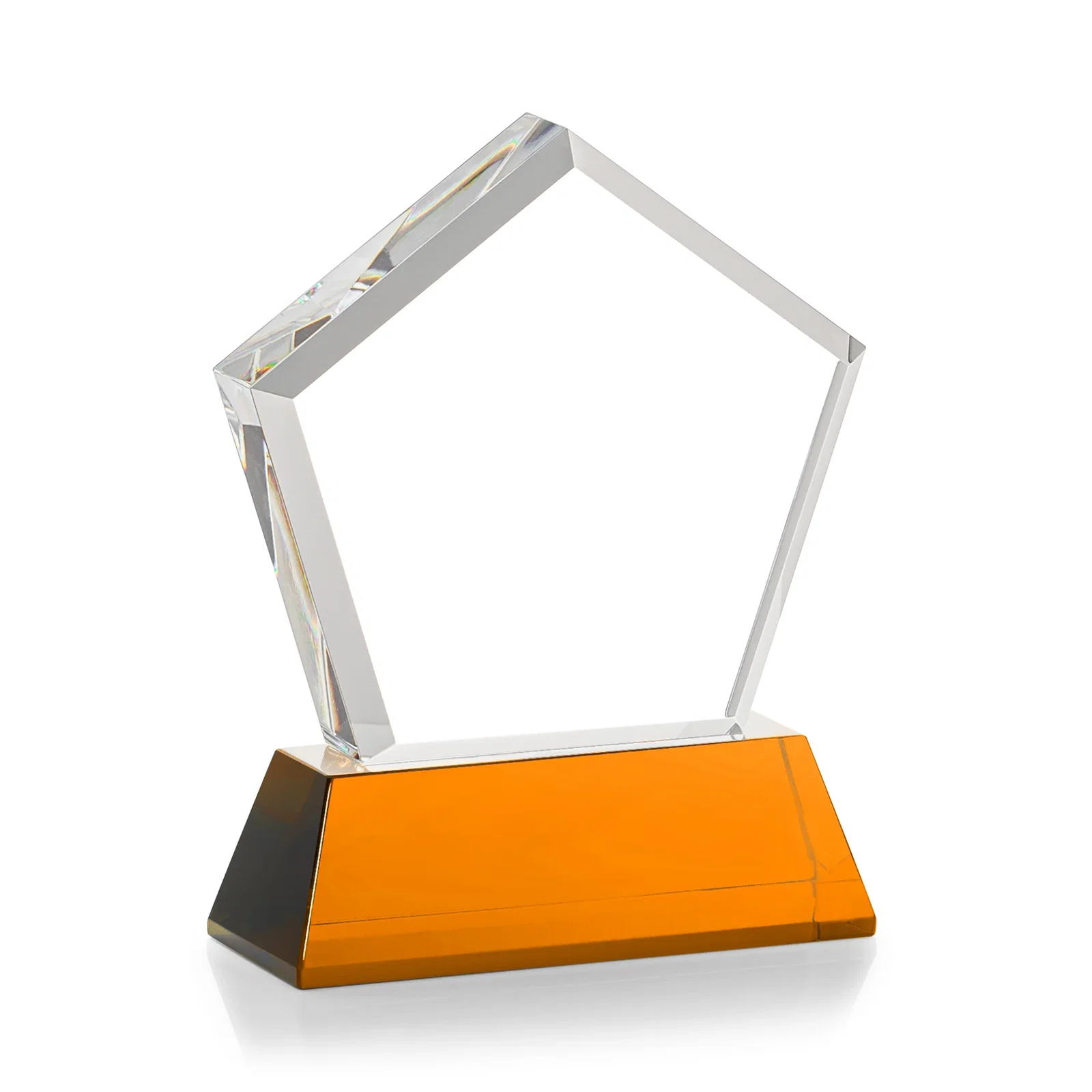 Custom engraved Optical Crystal Pentagon Award with Beveled Frame on Tapered Base, awards, with your logo for donor appreciation