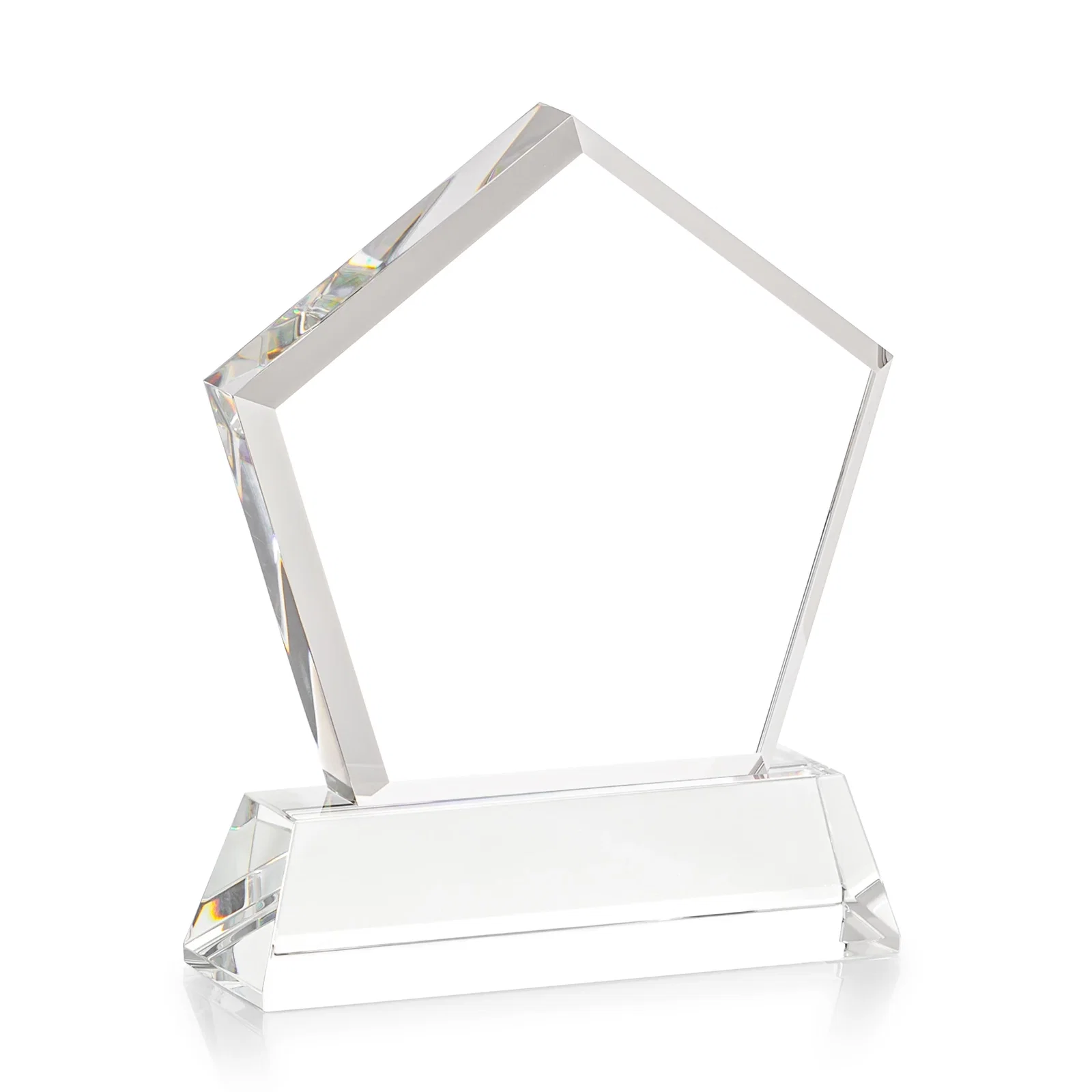 Custom engraved Optical Crystal Pentagon Award with Beveled Frame on Tapered Base, awards, with your logo for company anniversary events