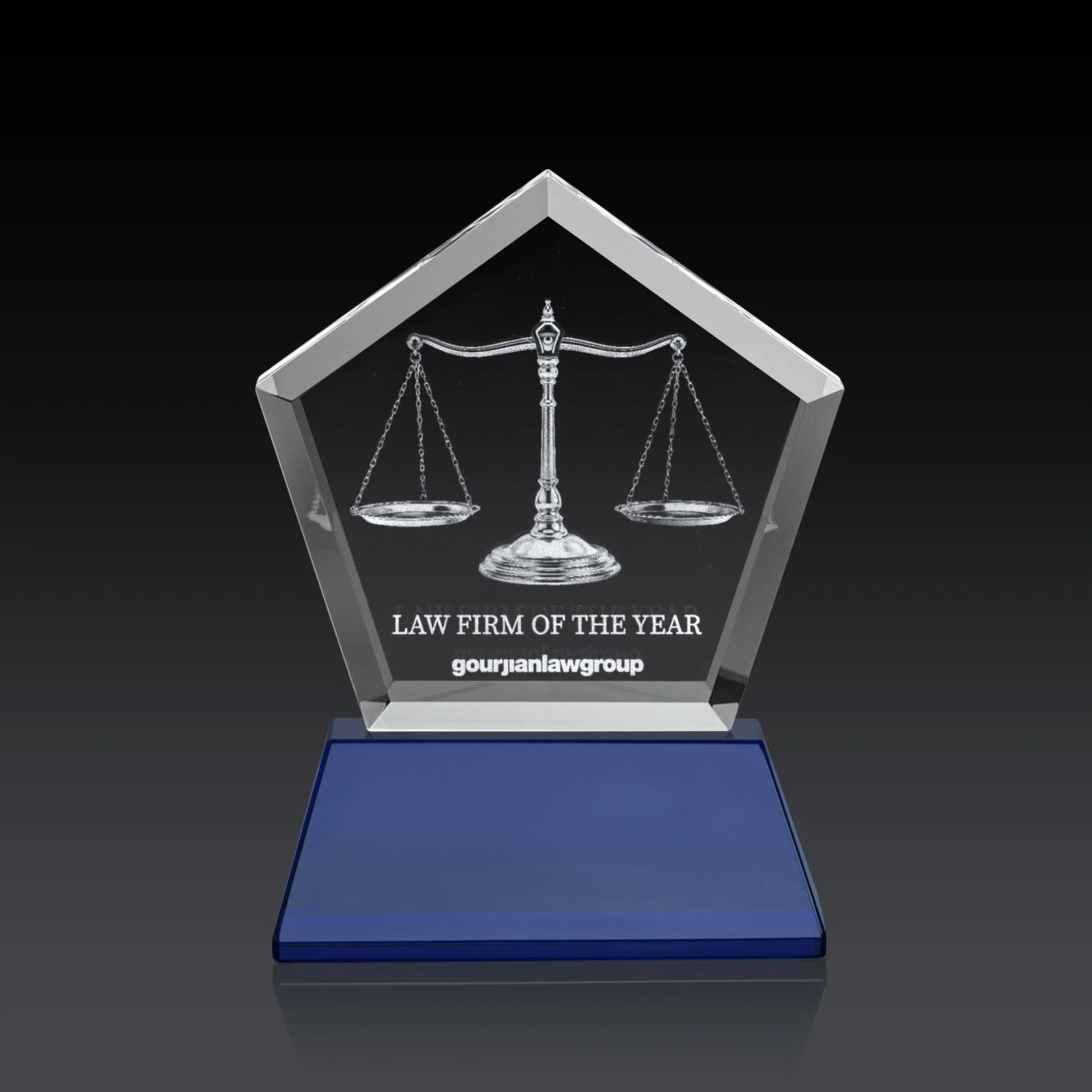 Personalized Optical Crystal Pentagon Award with Beveled Frame on Tapered Base, awards for retirement presentations