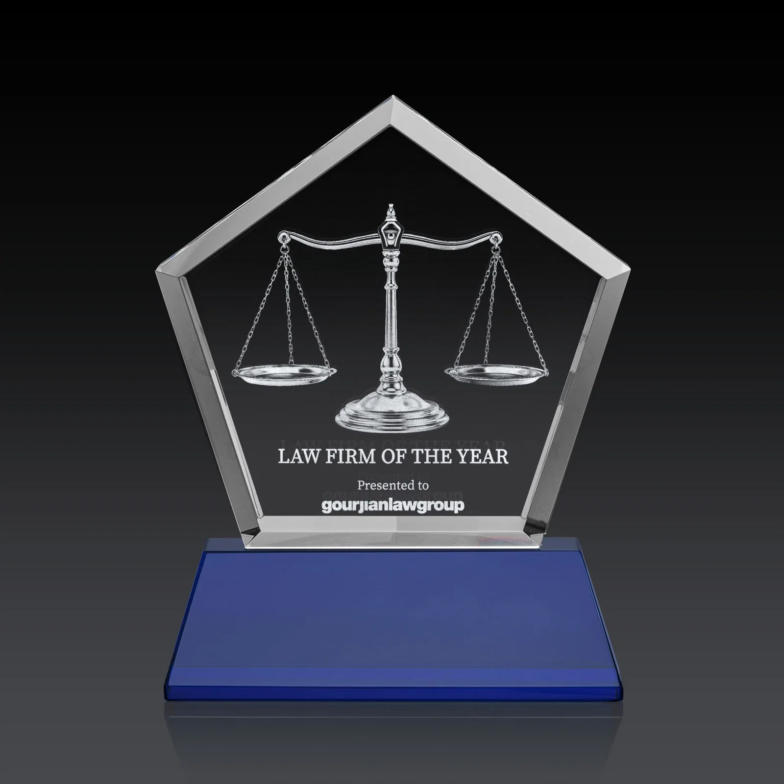 Personalized Optical Crystal Pentagon Award with Beveled Frame on Tapered Base, awards for team milestone celebrations
