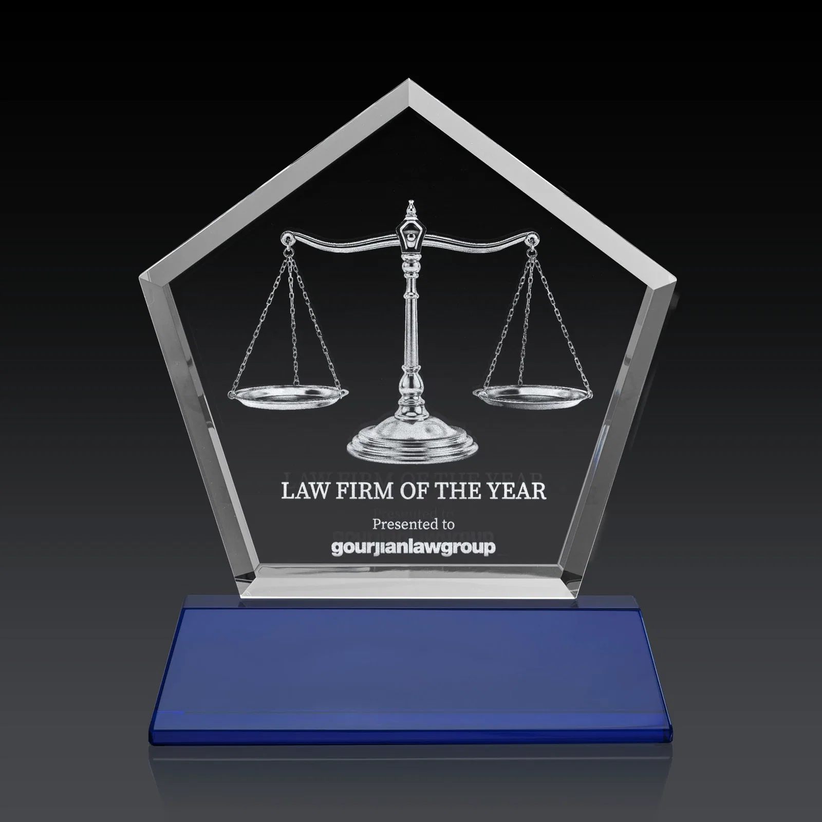 Personalized Optical Crystal Pentagon Award with Beveled Frame on Tapered Base, awards for donor appreciation