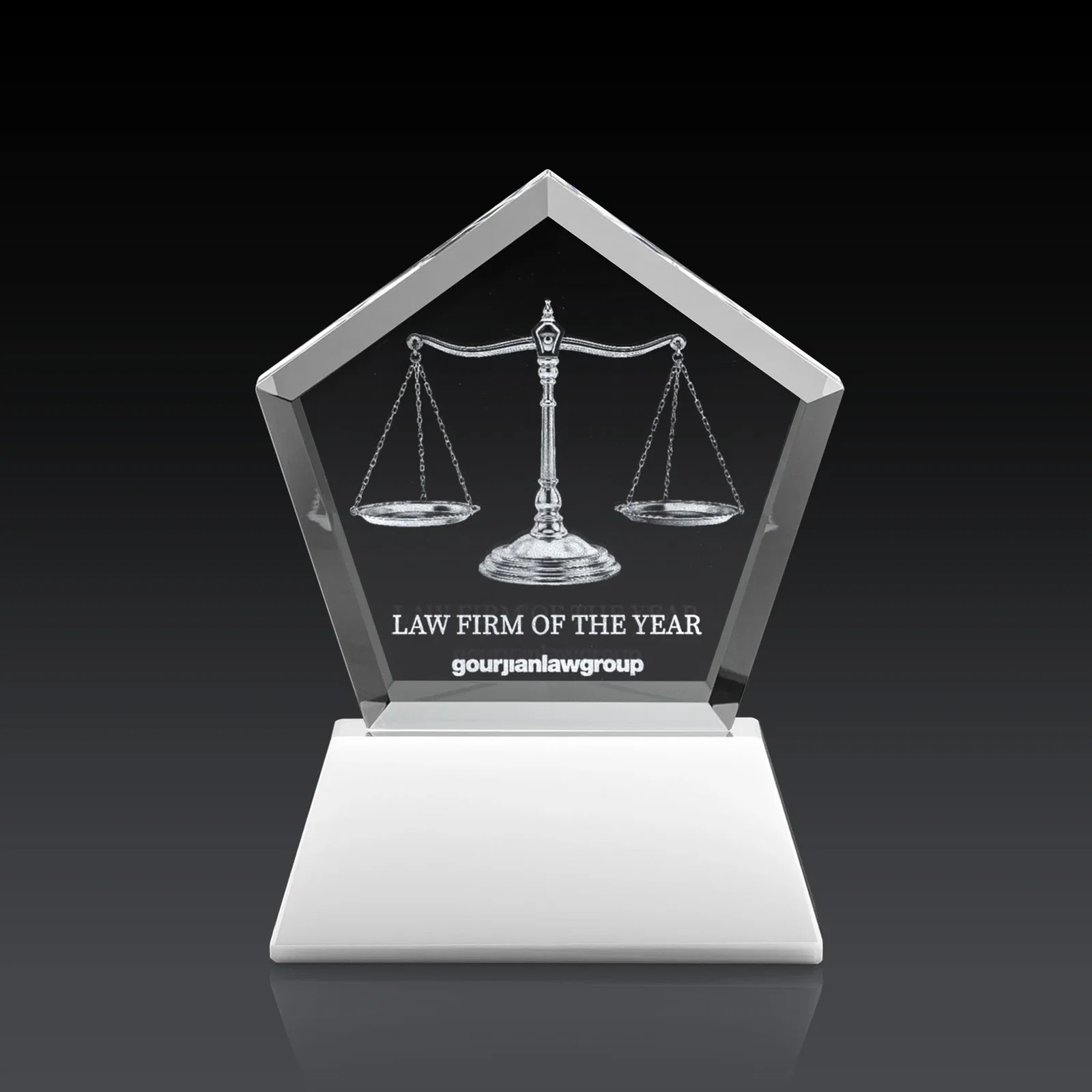 Custom Optical Crystal Pentagon Award with Beveled Frame on Tapered Base, awards for corporate award ceremonies