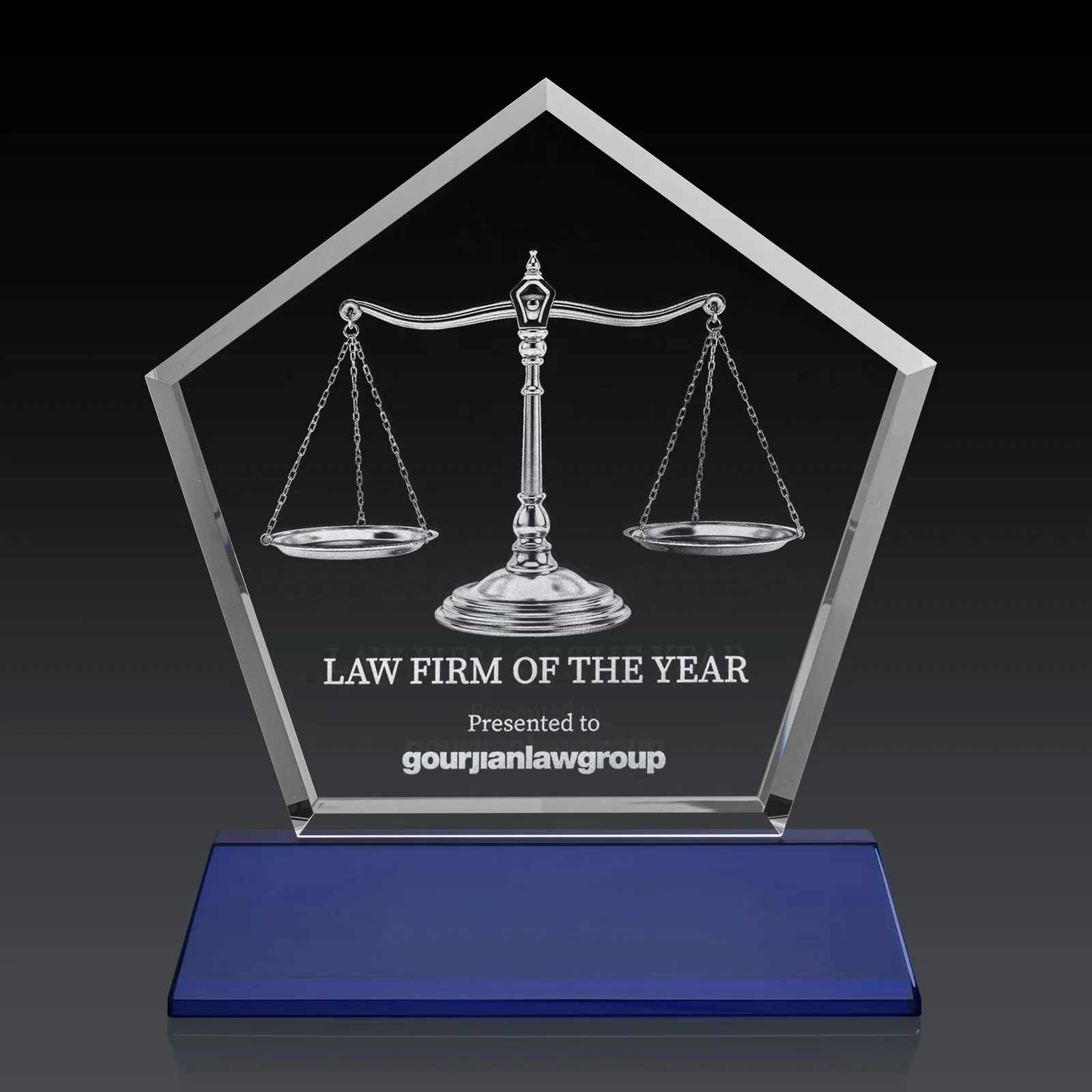 Personalized Optical Crystal Pentagon Award with Beveled Frame on Tapered Base, awards for graduation ceremonies