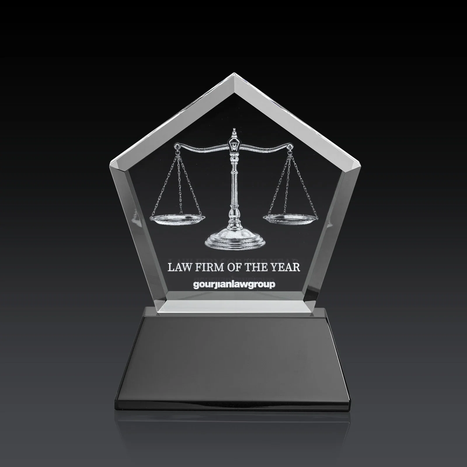 Personalized Optical Crystal Pentagon Award with Beveled Frame on Tapered Base, awards for volunteer appreciation