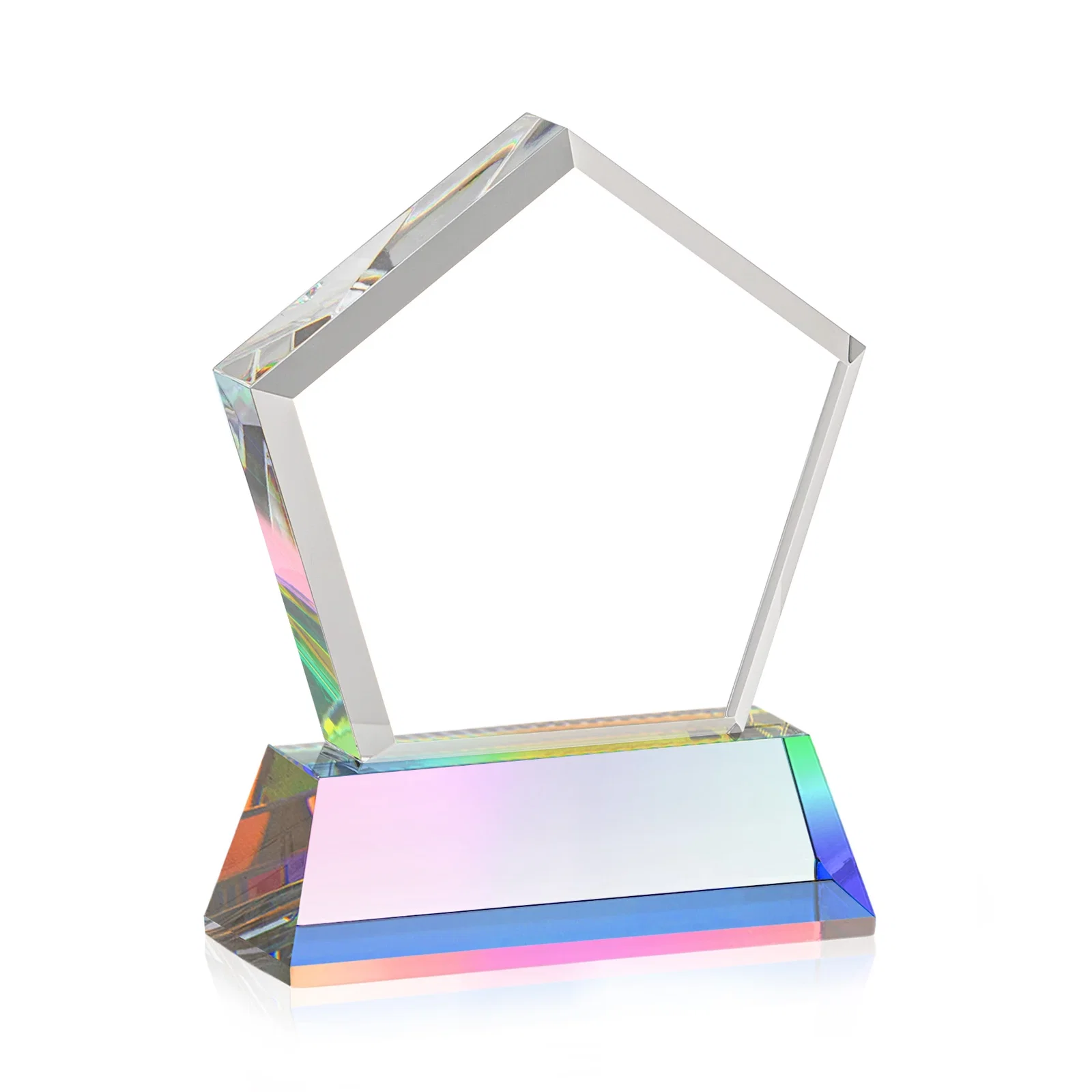 Promotional Optical Crystal Pentagon Award with Beveled Frame on Tapered Base, awards, with your company name for corporate award ceremonies