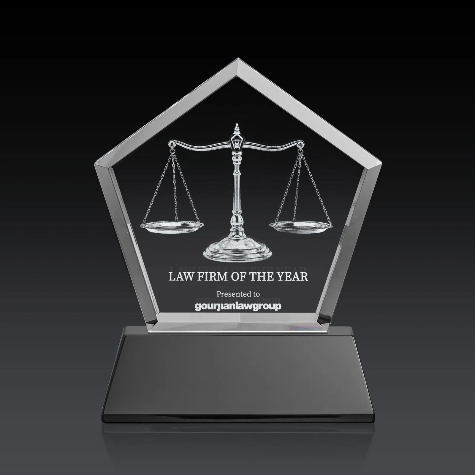 Personalized Optical Crystal Pentagon Award with Beveled Frame on Tapered Base, awards for dealer and partner awards