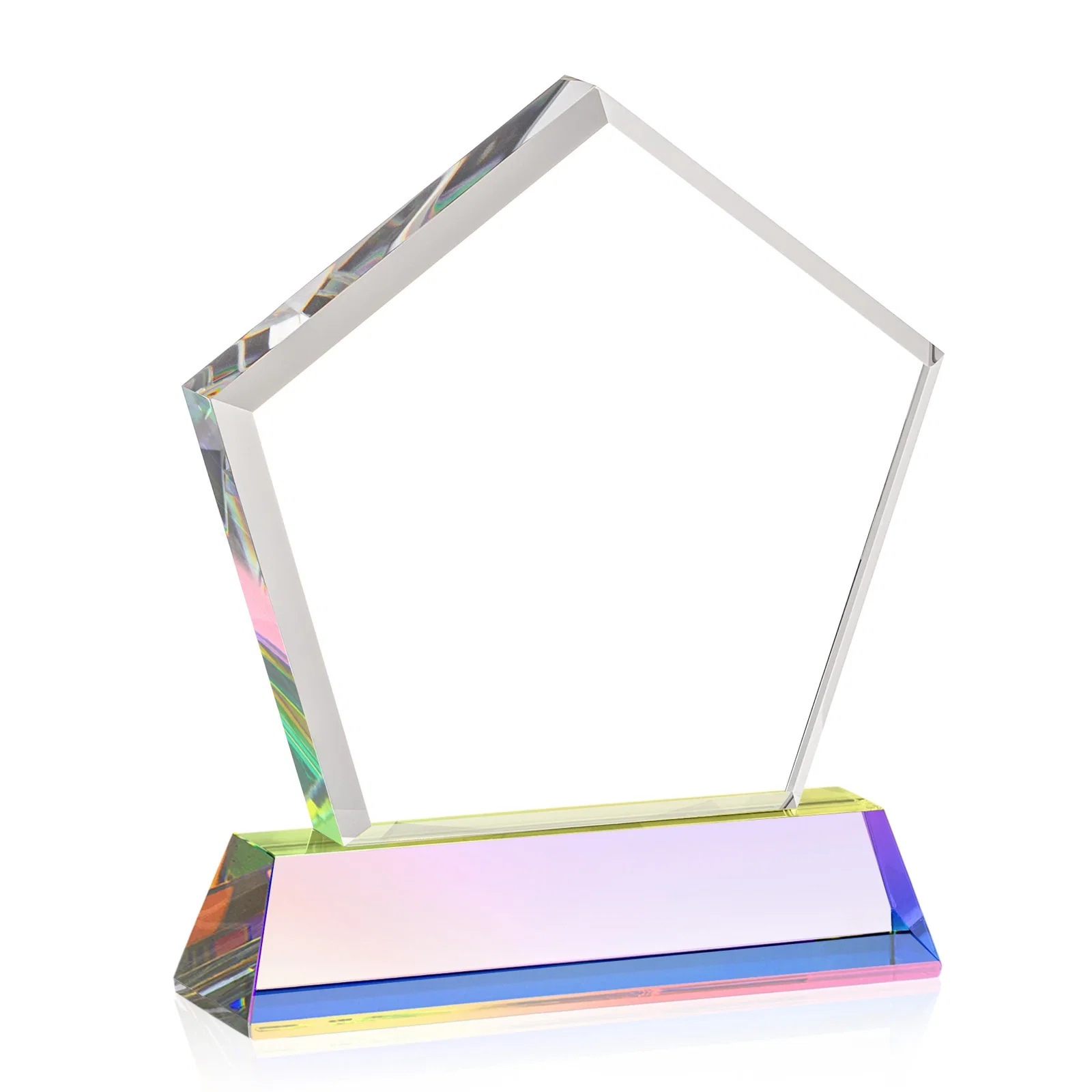 Promotional Optical Crystal Pentagon Award with Beveled Frame on Tapered Base, awards, with your company name for service anniversary gifts
