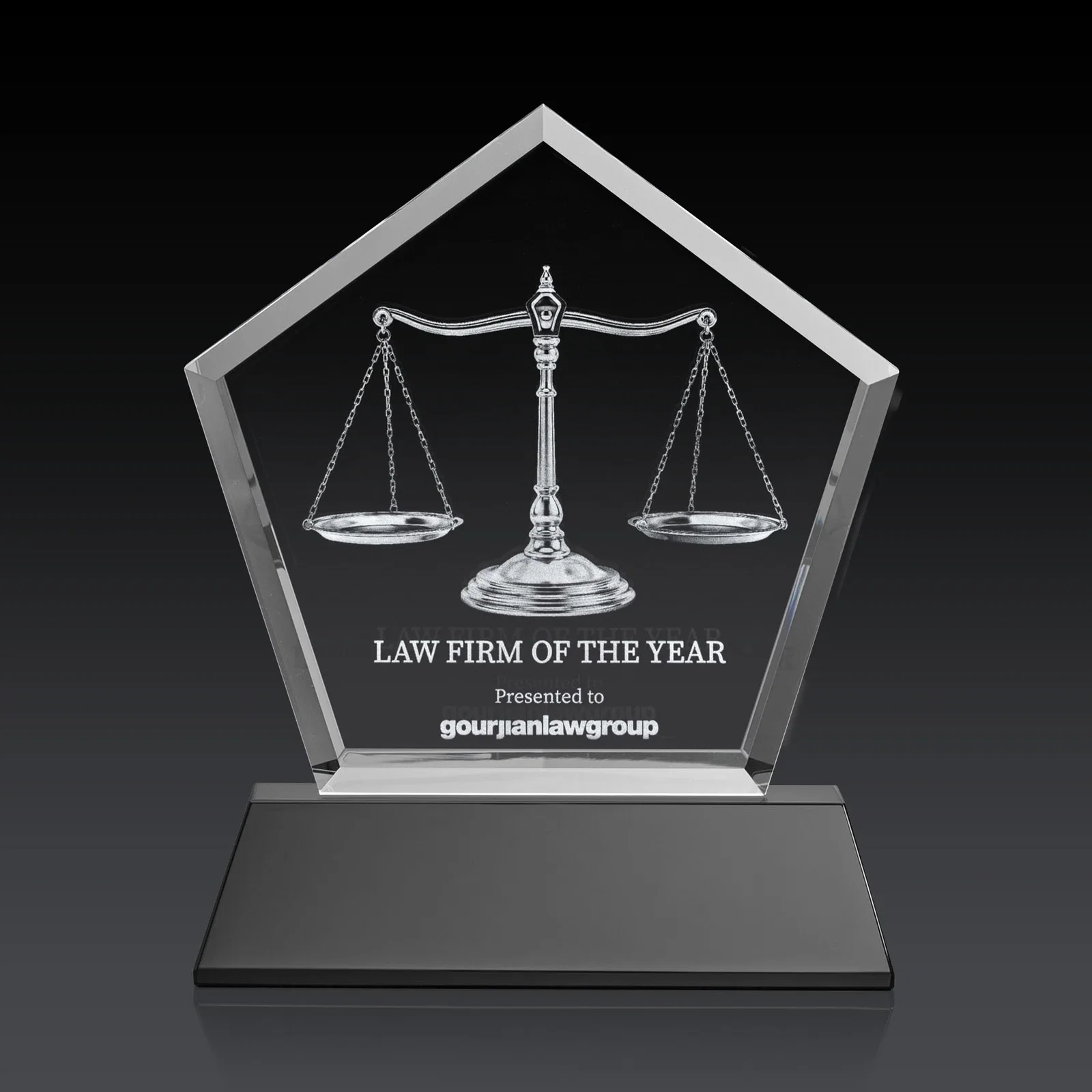 Personalized Optical Crystal Pentagon Award with Beveled Frame on Tapered Base, awards for company anniversary events