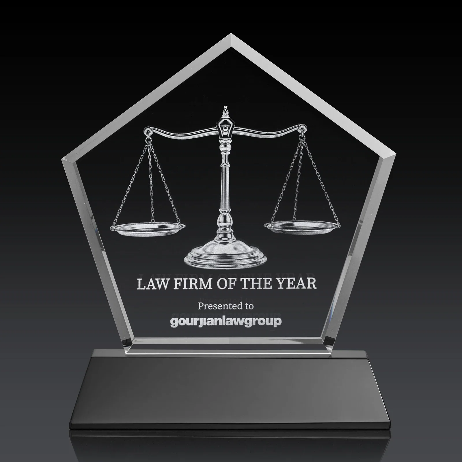 Promotional Optical Crystal Pentagon Award with Beveled Frame on Tapered Base, awards for employee recognition