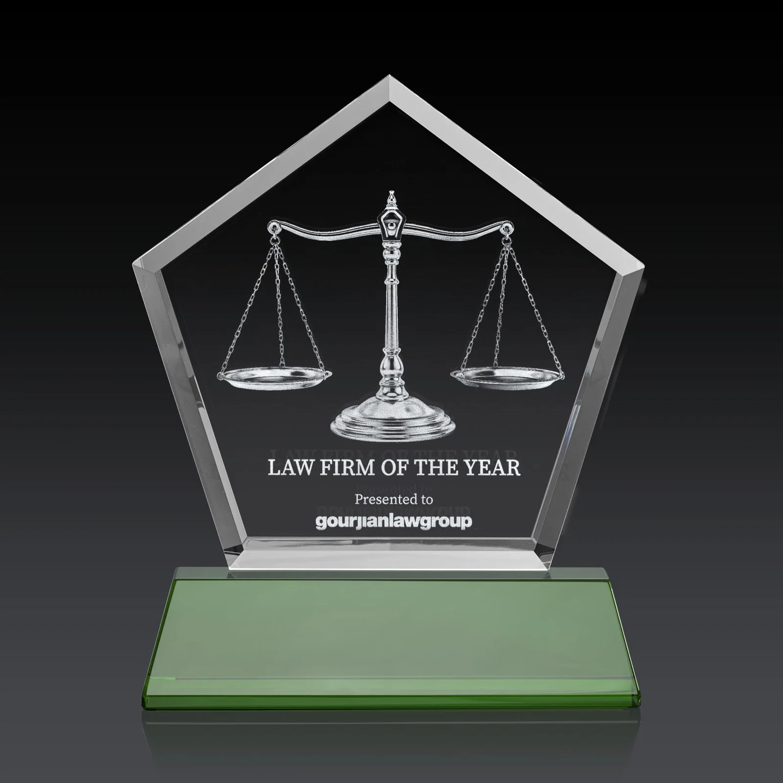 Promotional Optical Crystal Pentagon Award with Beveled Frame on Tapered Base, awards for retirement presentations