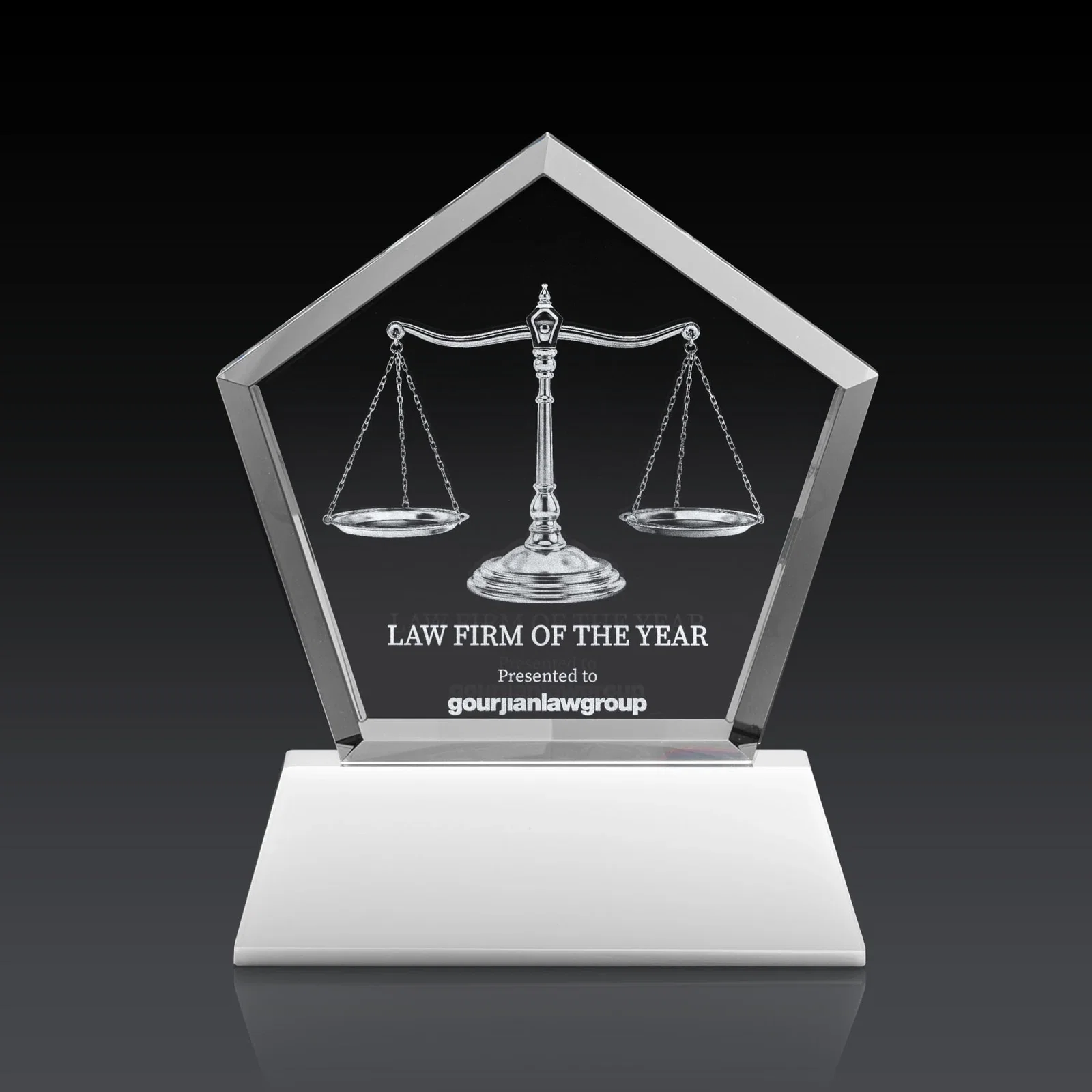 Custom Optical Crystal Pentagon Award with Beveled Frame on Tapered Base, awards for service anniversary gifts