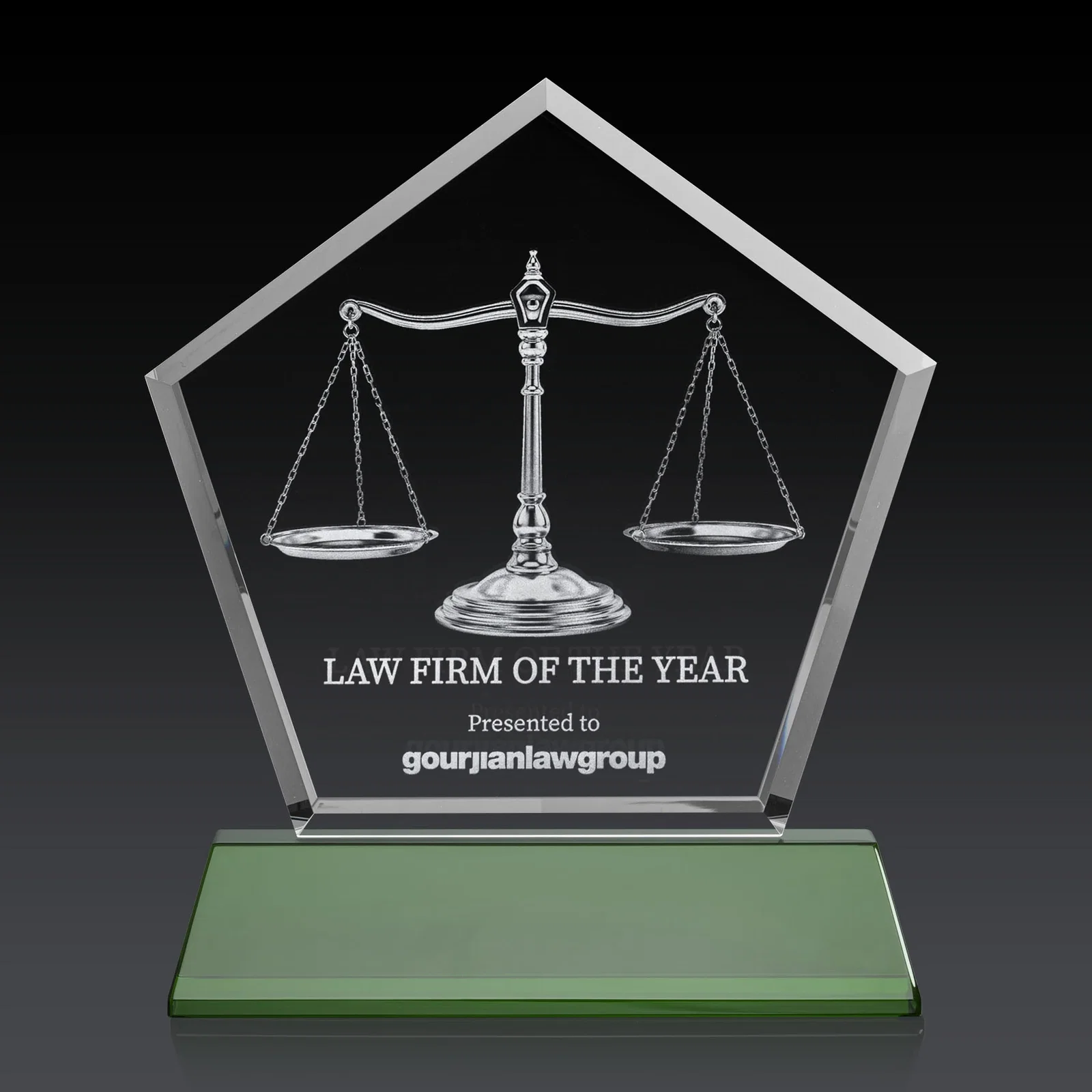 Promotional Optical Crystal Pentagon Award with Beveled Frame on Tapered Base, awards for team milestone celebrations