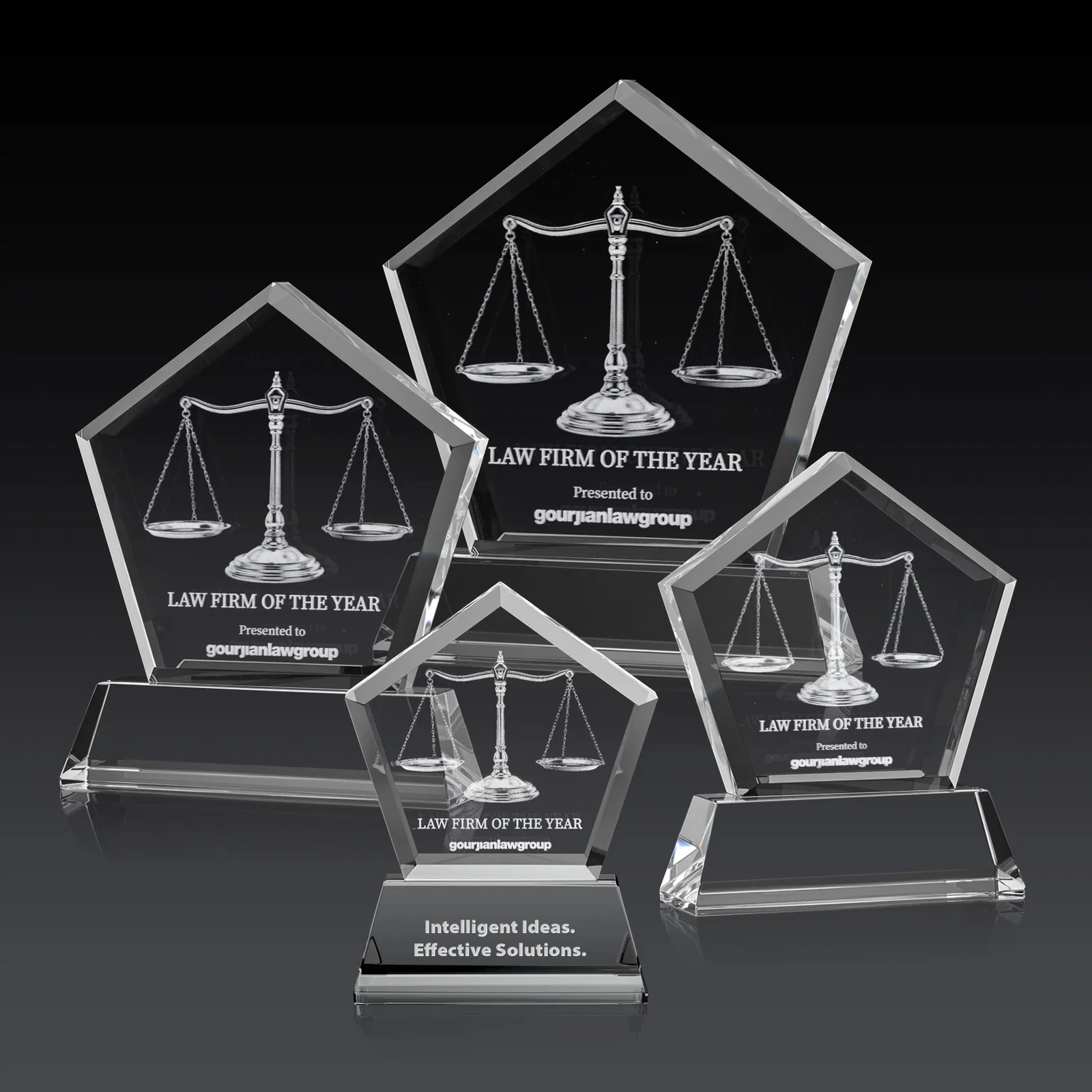 Promotional Optical Crystal Pentagon Award with Beveled Frame on Tapered Base, awards for donor appreciation