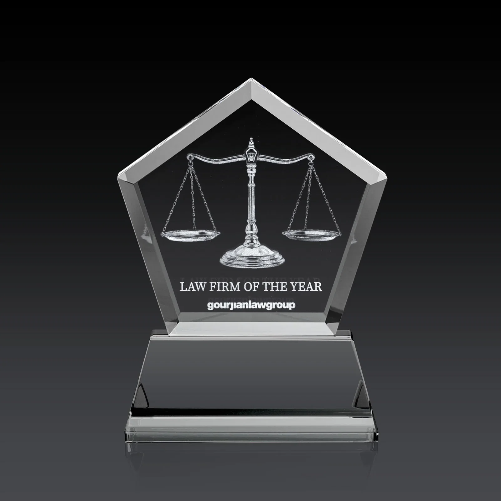 Promotional Optical Crystal Pentagon Award with Beveled Frame on Tapered Base, awards for graduation ceremonies