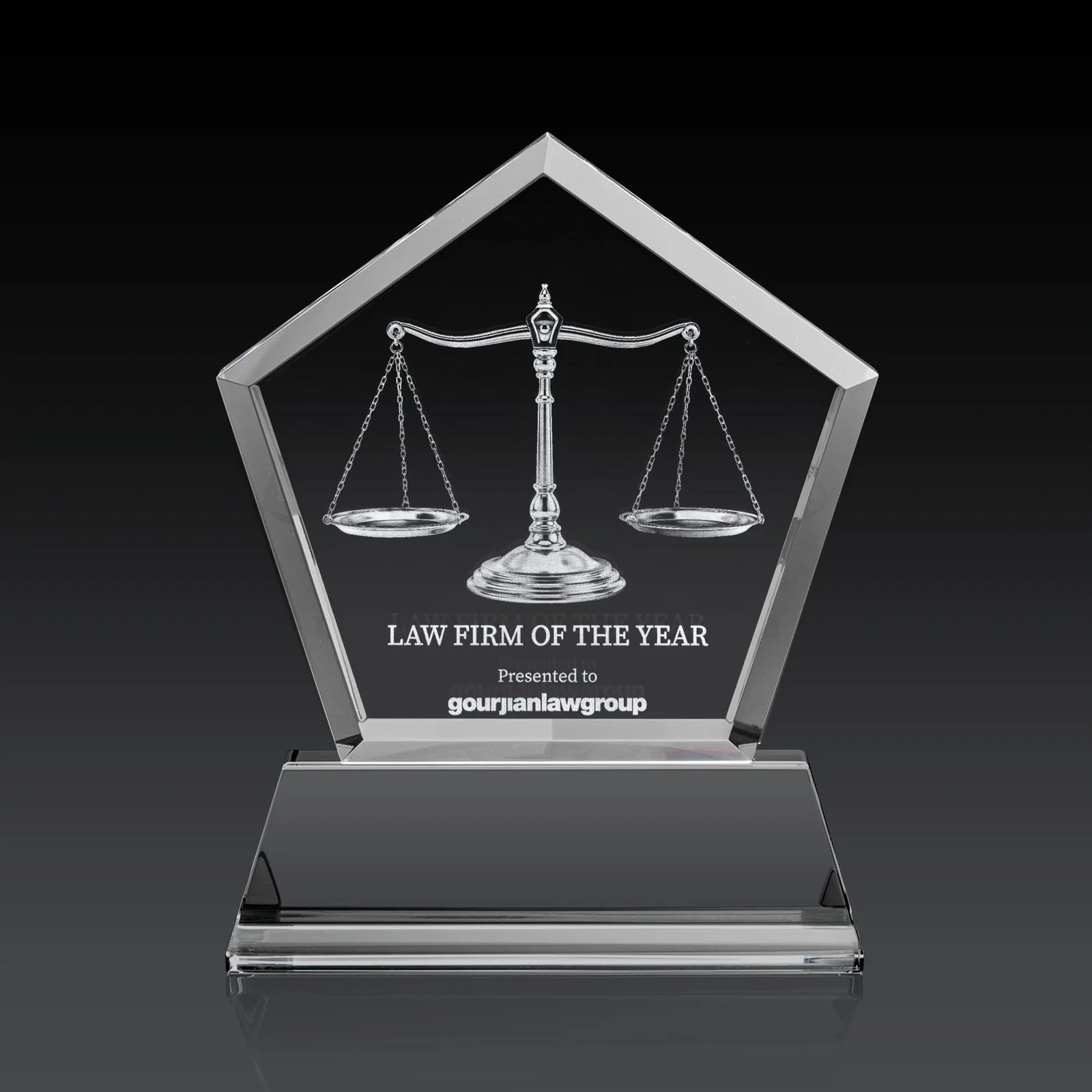 Promotional Optical Crystal Pentagon Award with Beveled Frame on Tapered Base, awards for safety achievement programs