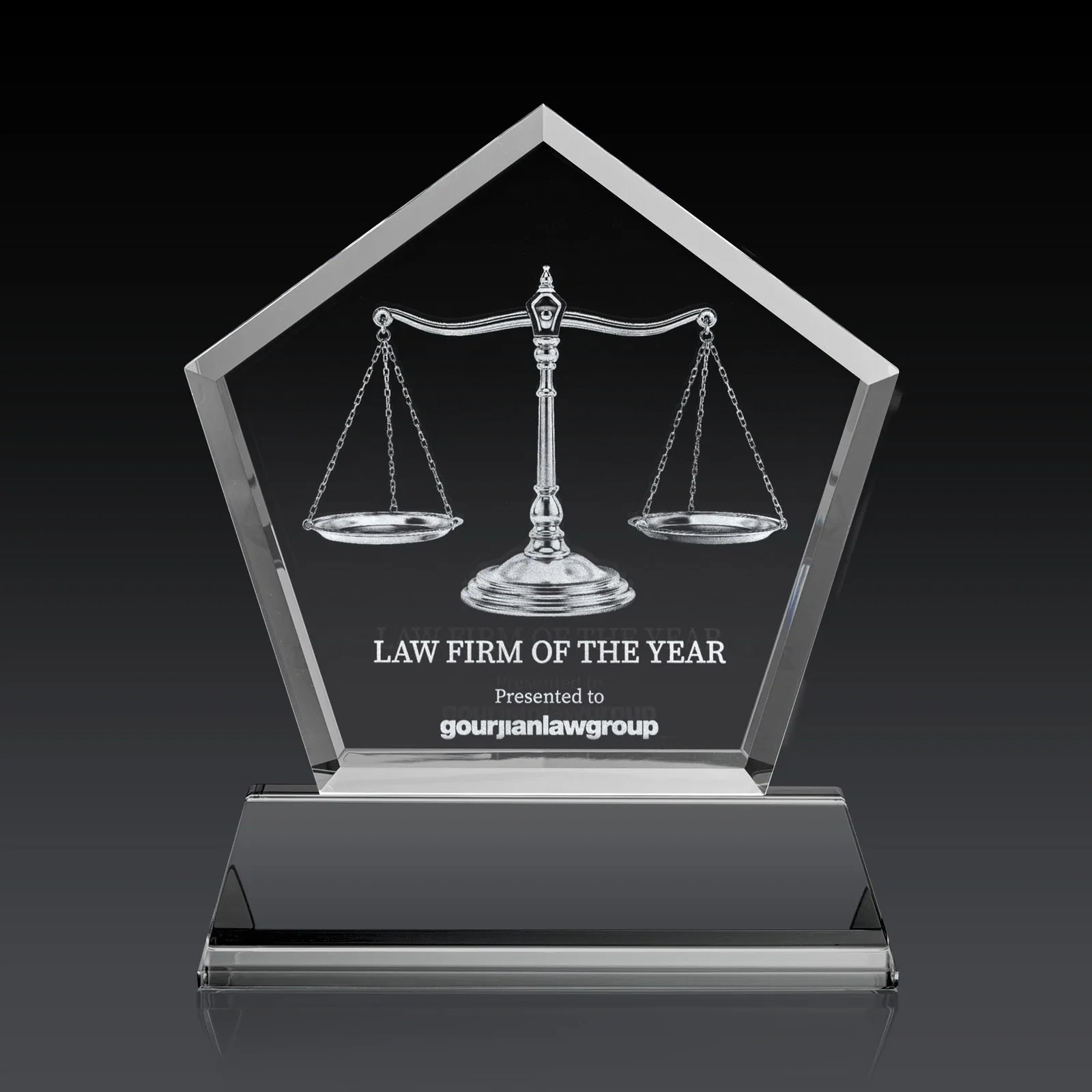 Promotional Optical Crystal Pentagon Award with Beveled Frame on Tapered Base, awards for volunteer appreciation