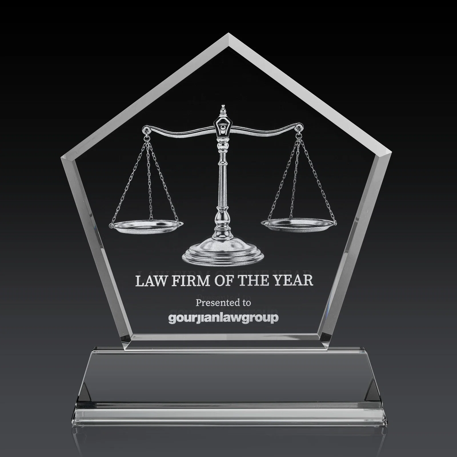 Promotional Optical Crystal Pentagon Award with Beveled Frame on Tapered Base, awards for dealer and partner awards