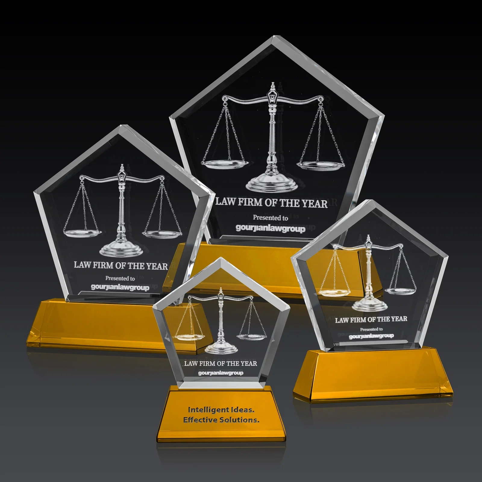 Promotional Optical Crystal Pentagon Award with Beveled Frame on Tapered Base, awards for company anniversary events