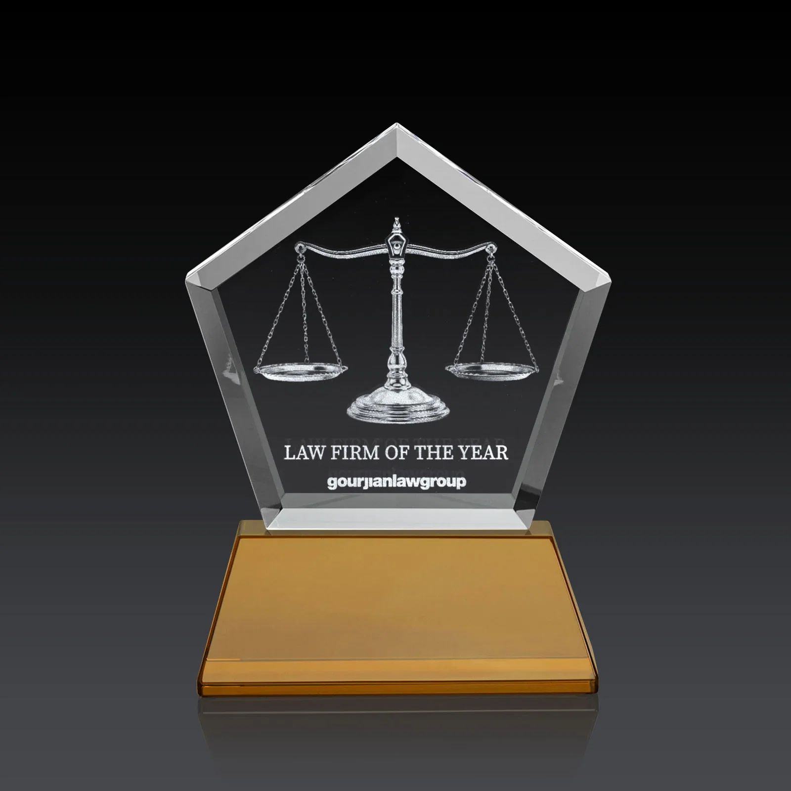 Branded Optical Crystal Pentagon Award with Beveled Frame on Tapered Base, awards for employee recognition