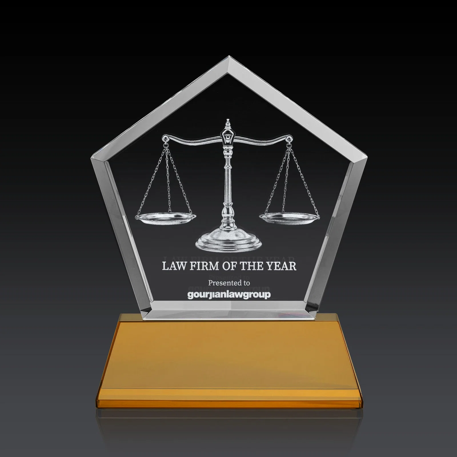 Branded Optical Crystal Pentagon Award with Beveled Frame on Tapered Base, awards for corporate award ceremonies