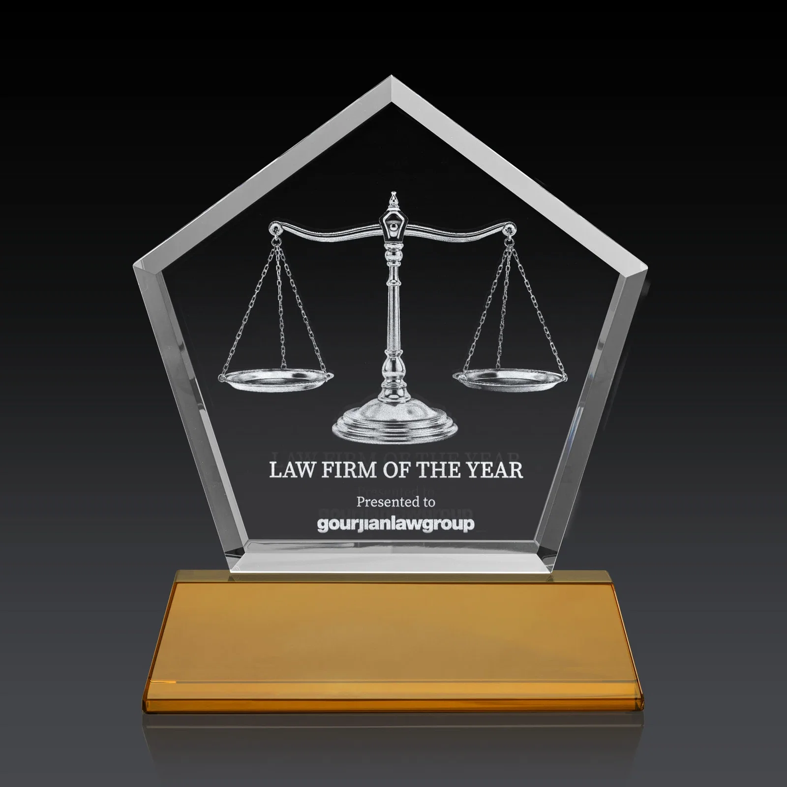 Branded Optical Crystal Pentagon Award with Beveled Frame on Tapered Base, awards for service anniversary gifts