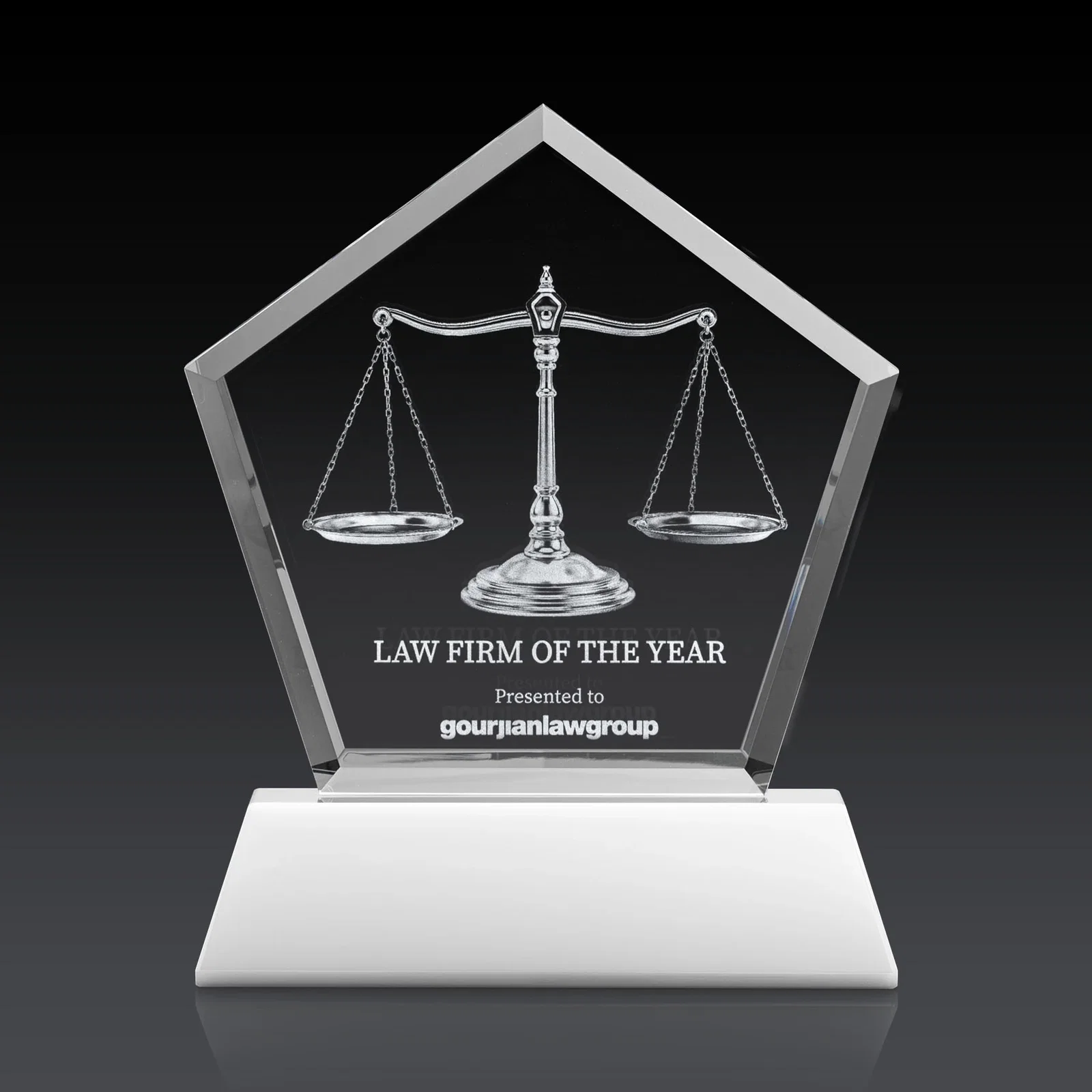 Custom Optical Crystal Pentagon Award with Beveled Frame on Tapered Base, awards for sales achievement awards
