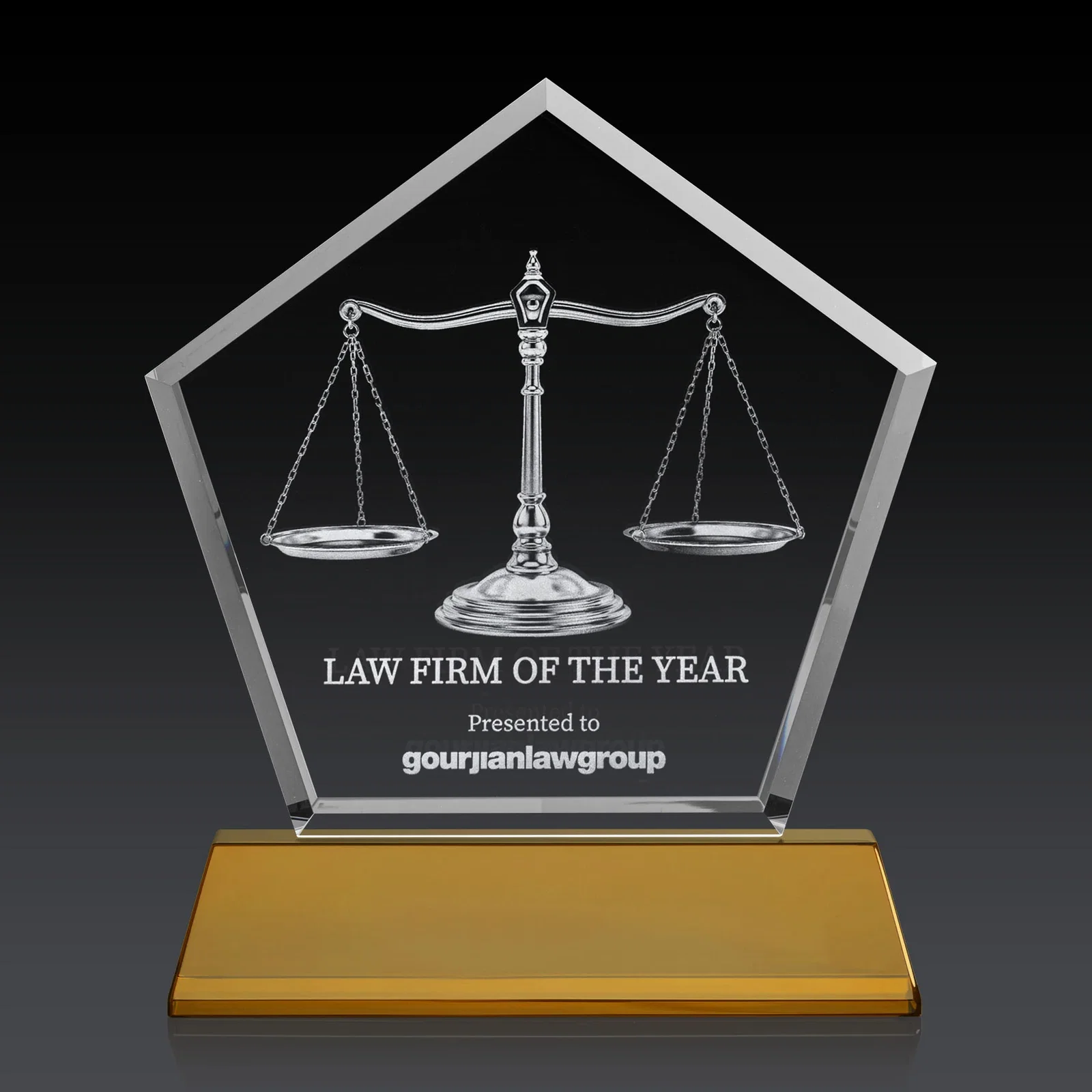 Branded Optical Crystal Pentagon Award with Beveled Frame on Tapered Base, awards for sales achievement awards