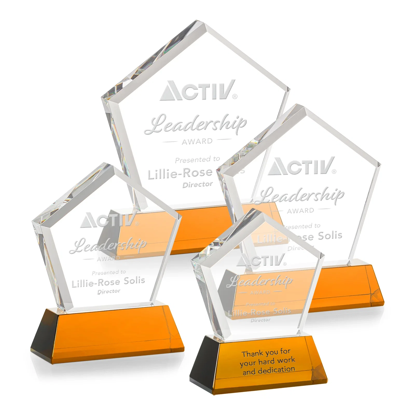 Branded Optical Crystal Pentagon Award with Beveled Frame on Tapered Base, awards for retirement presentations