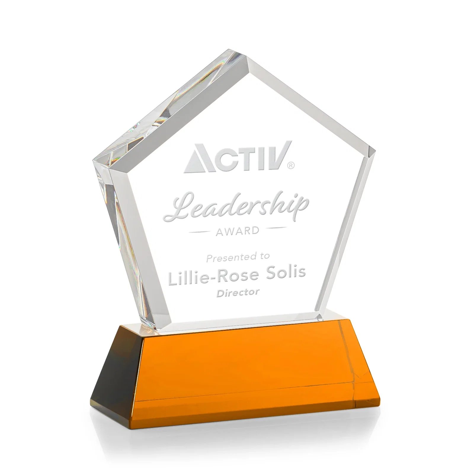 Branded Optical Crystal Pentagon Award with Beveled Frame on Tapered Base, awards for donor appreciation