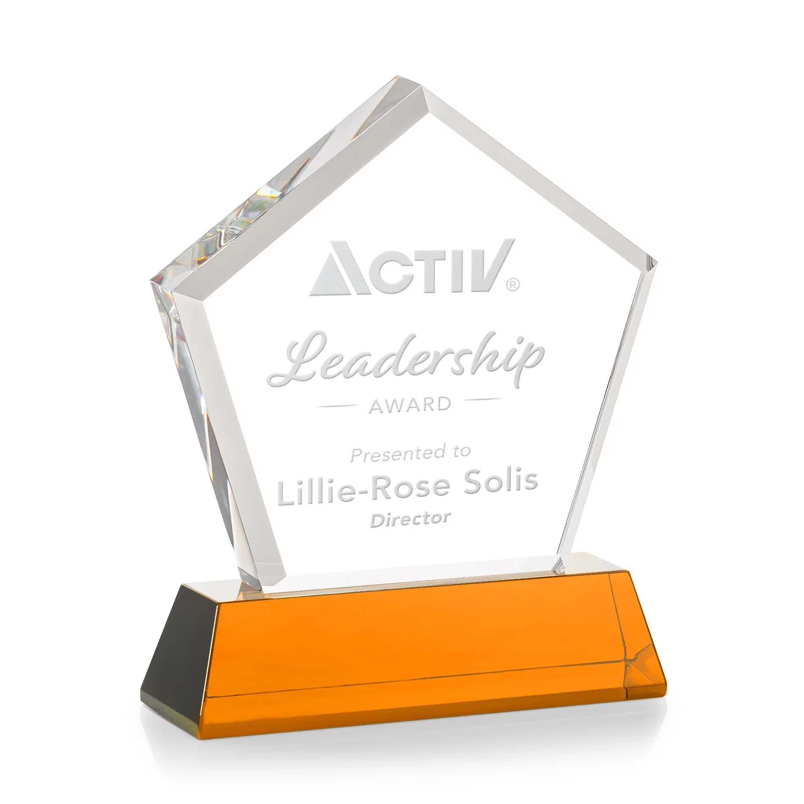 Branded Optical Crystal Pentagon Award with Beveled Frame on Tapered Base, awards for graduation ceremonies