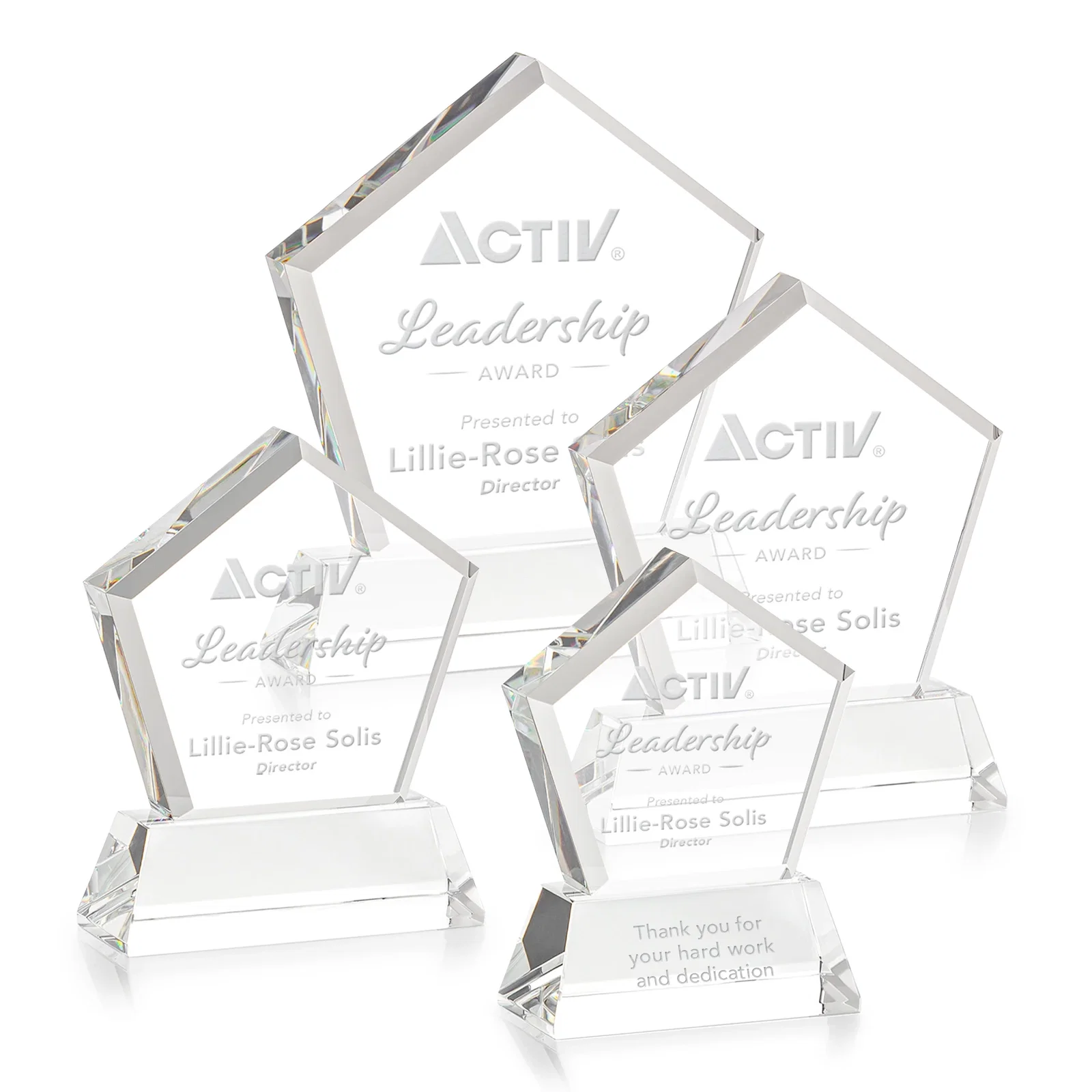Branded Optical Crystal Pentagon Award with Beveled Frame on Tapered Base, awards for volunteer appreciation