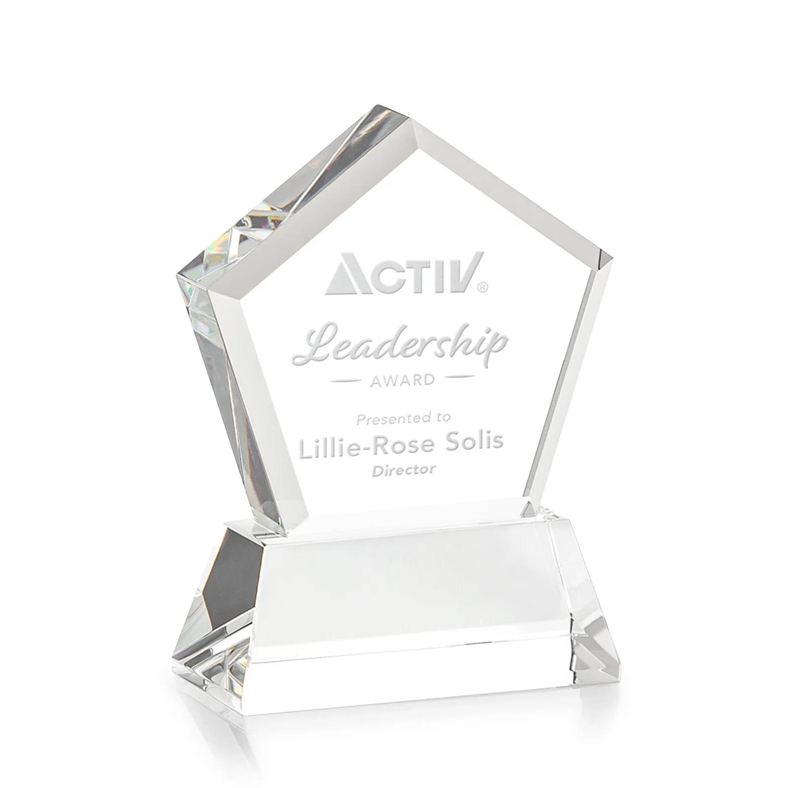 Branded Optical Crystal Pentagon Award with Beveled Frame on Tapered Base, awards for dealer and partner awards