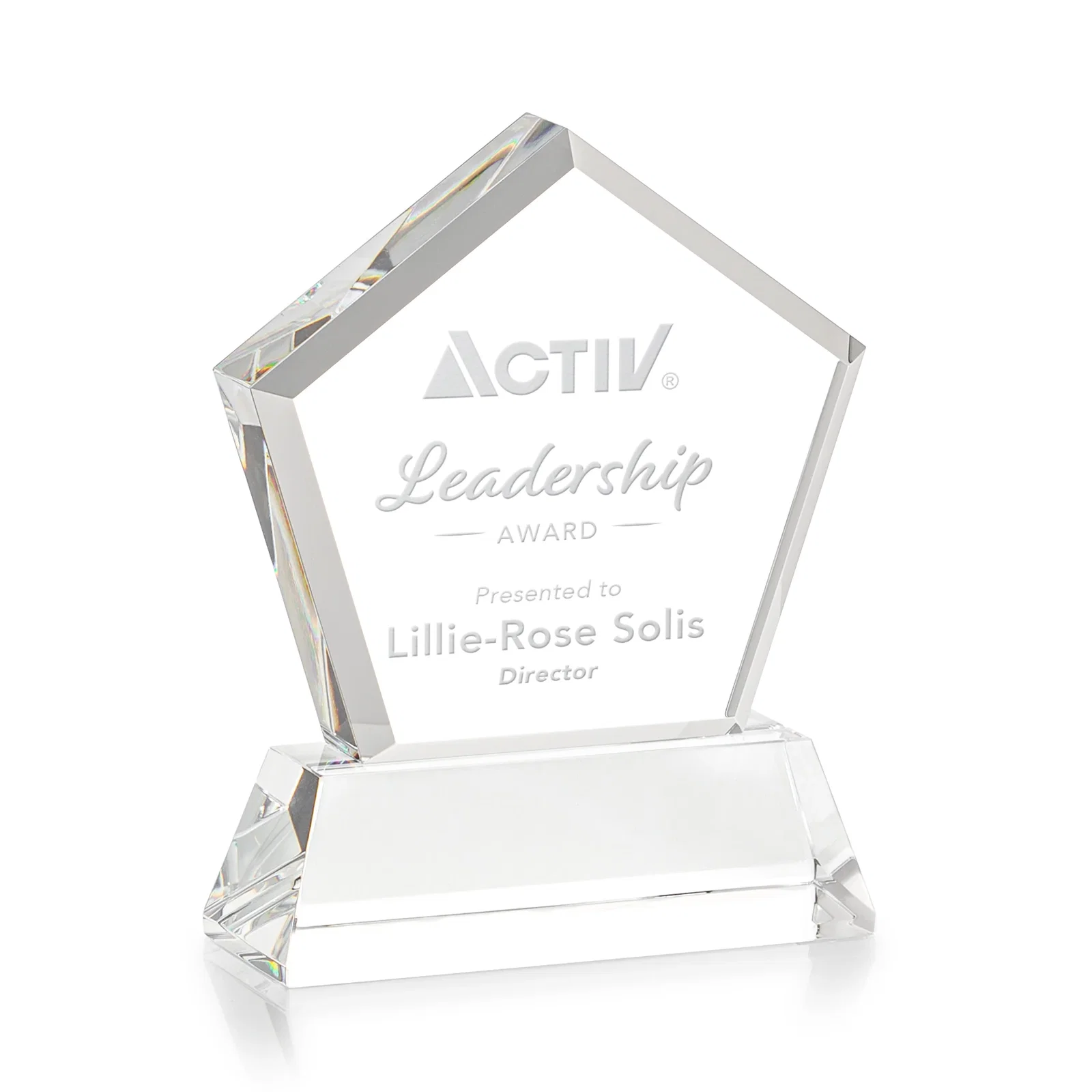 Branded Optical Crystal Pentagon Award with Beveled Frame on Tapered Base, awards for company anniversary events