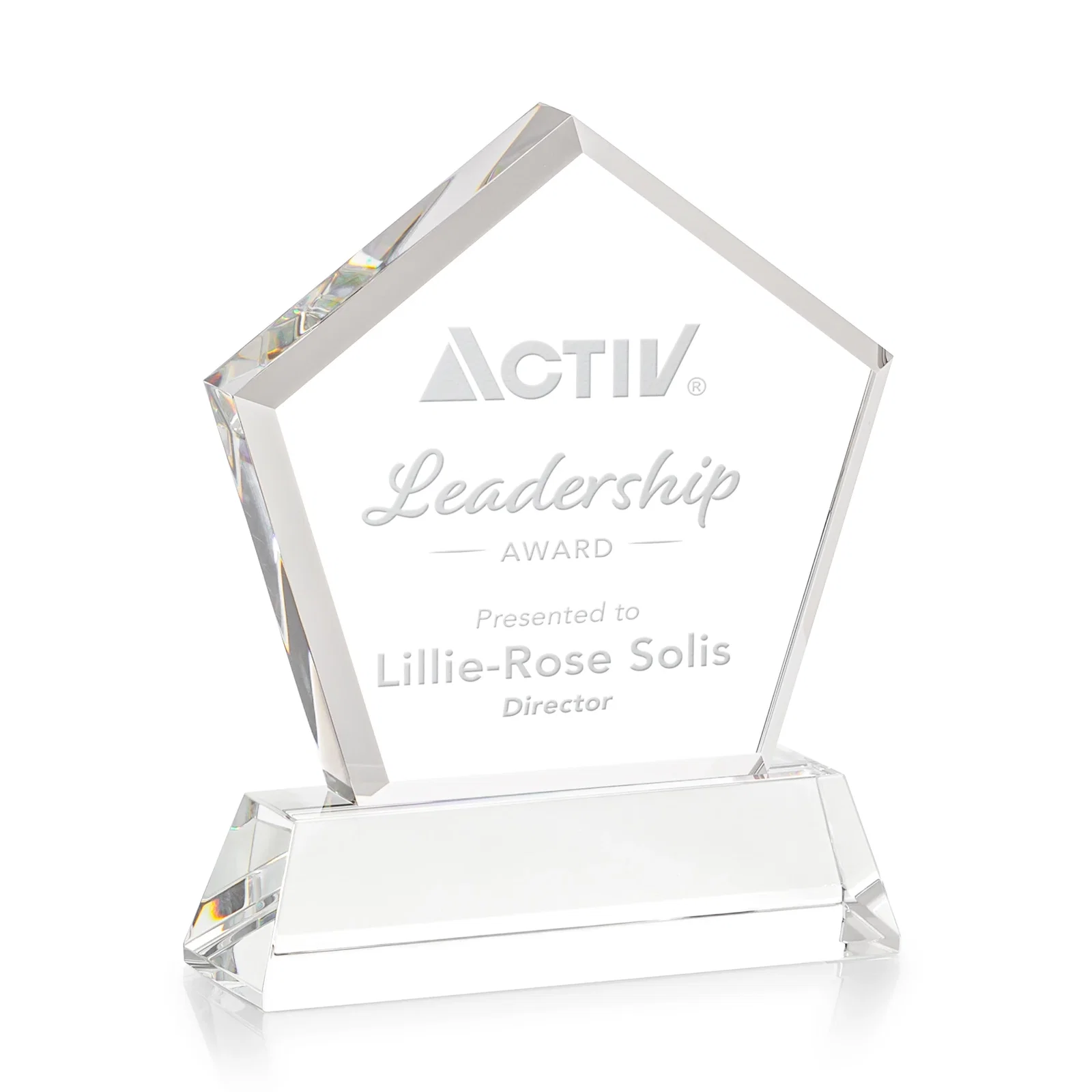 Custom printed Optical Crystal Pentagon Award with Beveled Frame on Tapered Base, awards for employee recognition