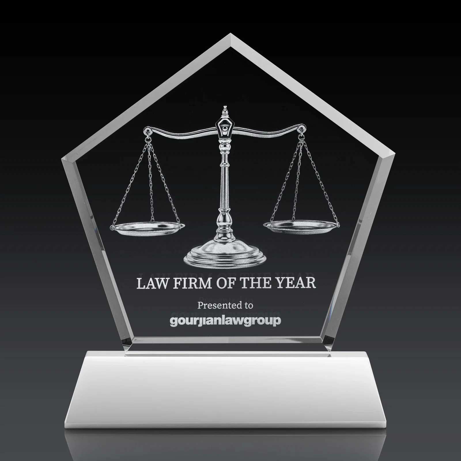 Custom Optical Crystal Pentagon Award with Beveled Frame on Tapered Base, awards for retirement presentations
