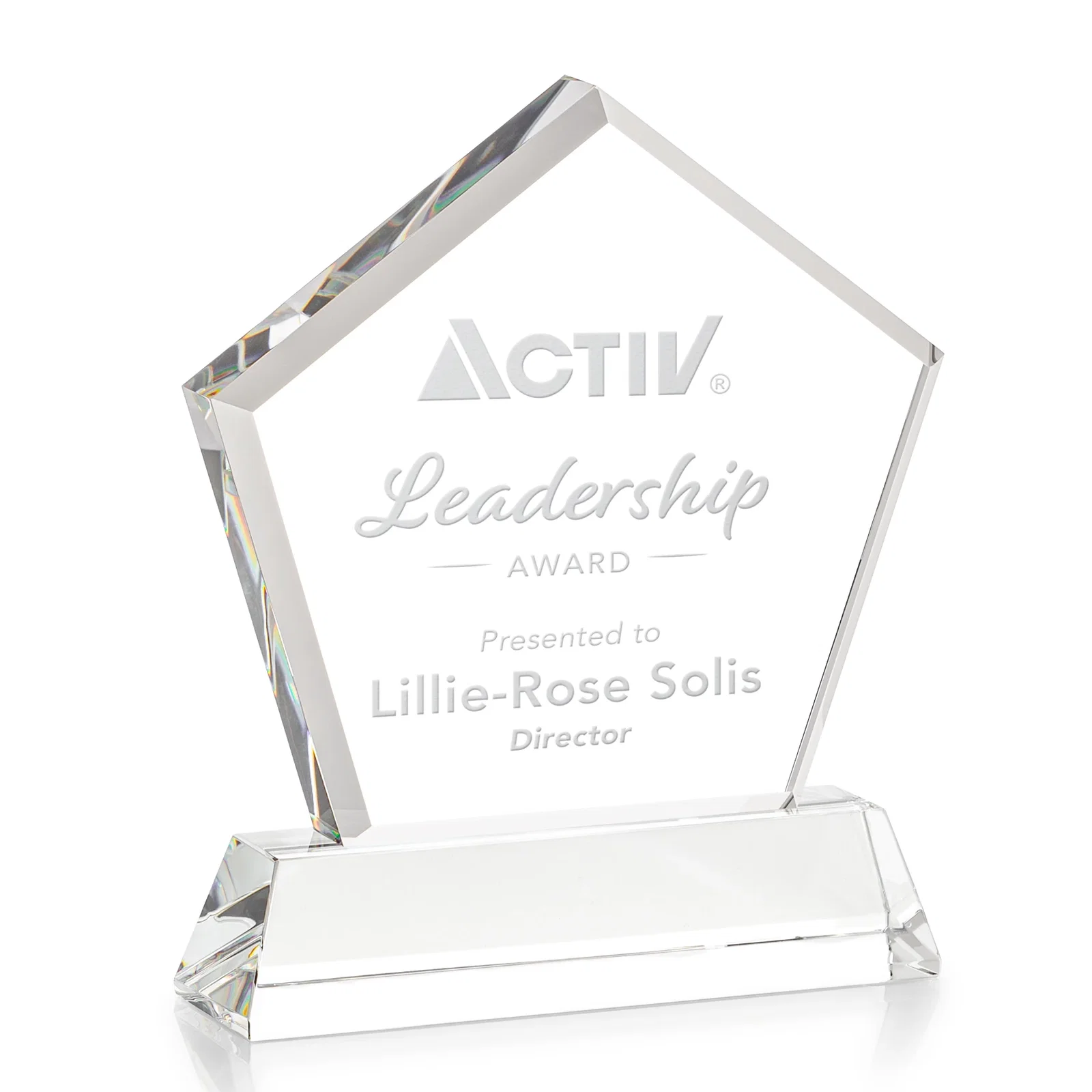 Custom printed Optical Crystal Pentagon Award with Beveled Frame on Tapered Base, awards for corporate award ceremonies