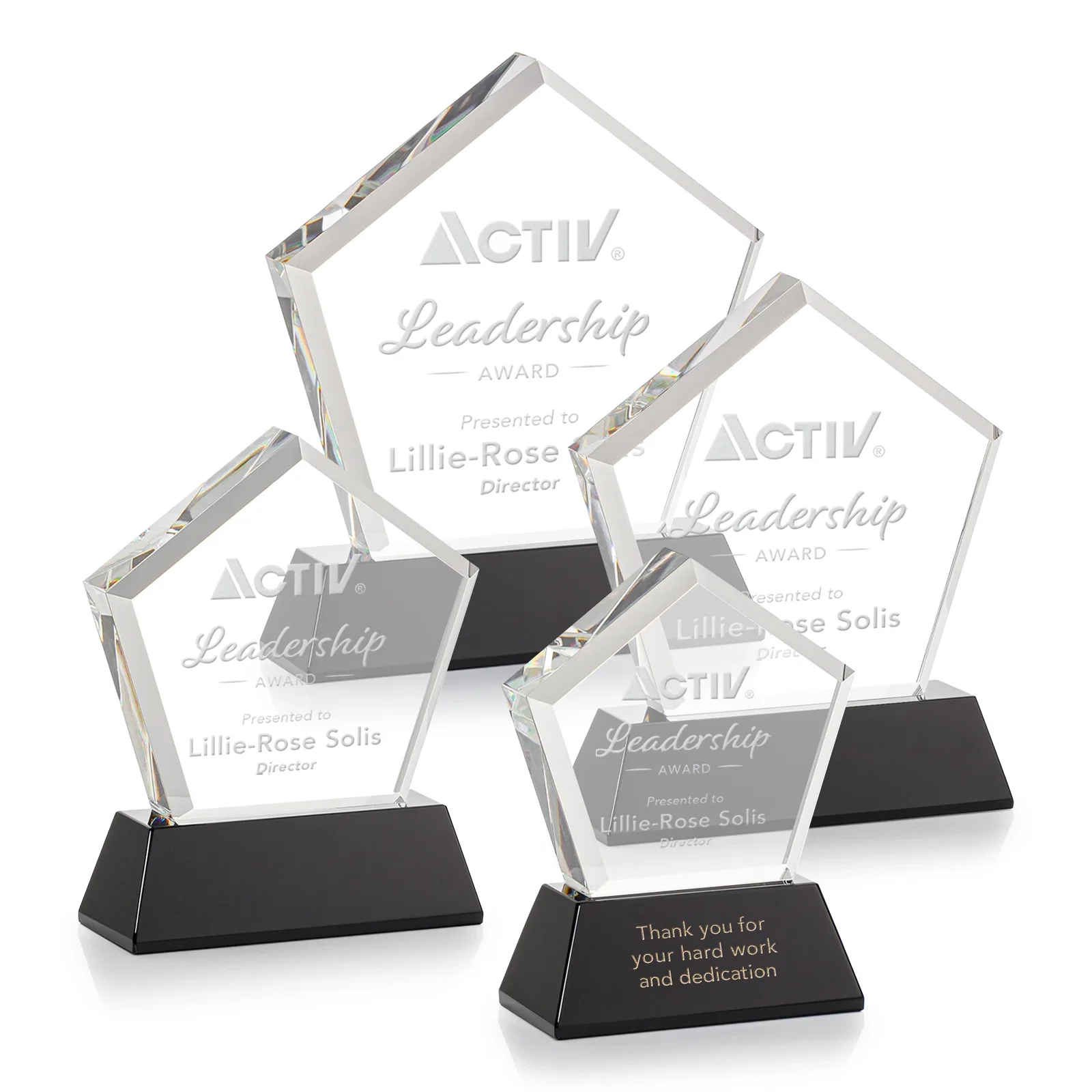 Custom printed Optical Crystal Pentagon Award with Beveled Frame on Tapered Base, awards for service anniversary gifts