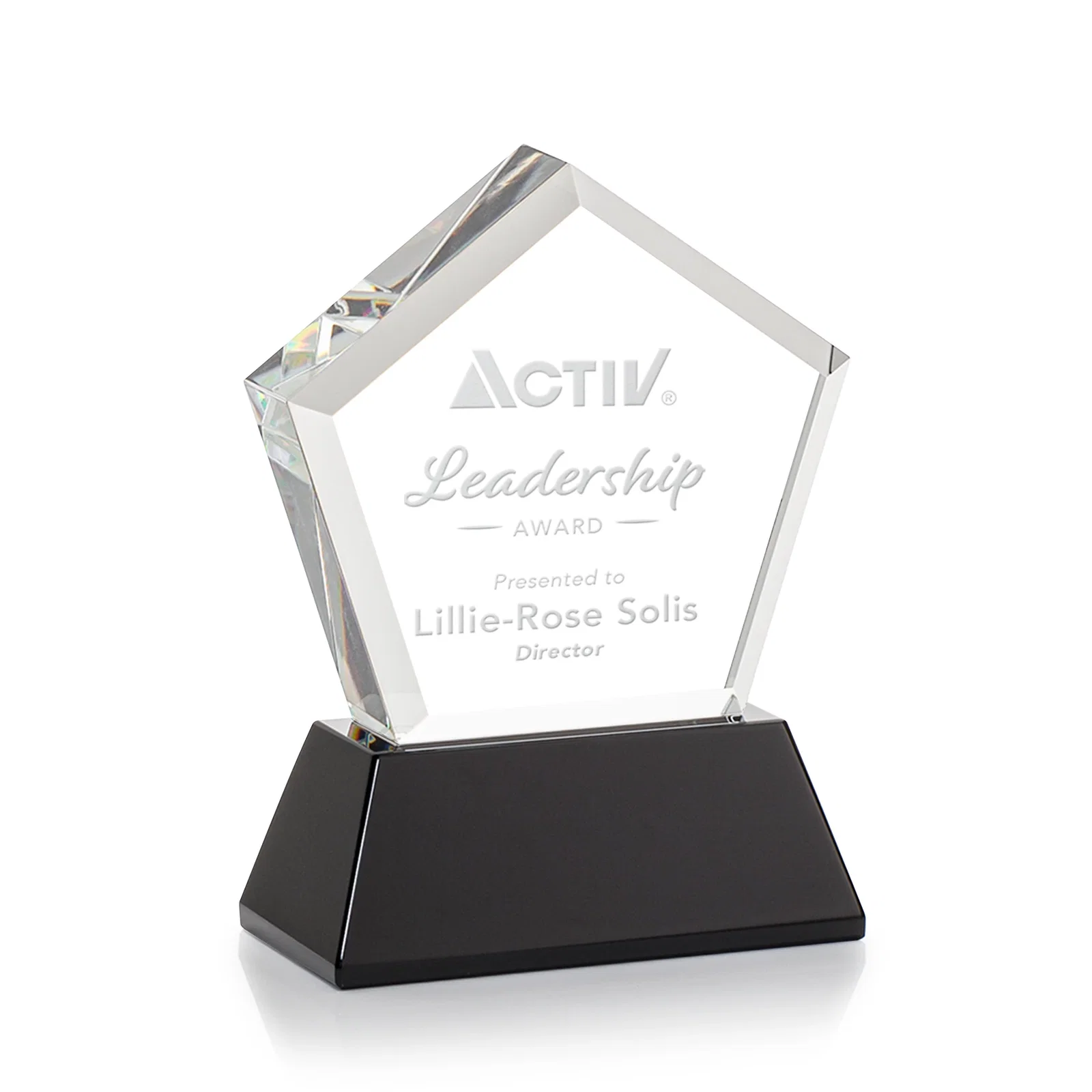 Custom printed Optical Crystal Pentagon Award with Beveled Frame on Tapered Base, awards for sales achievement awards
