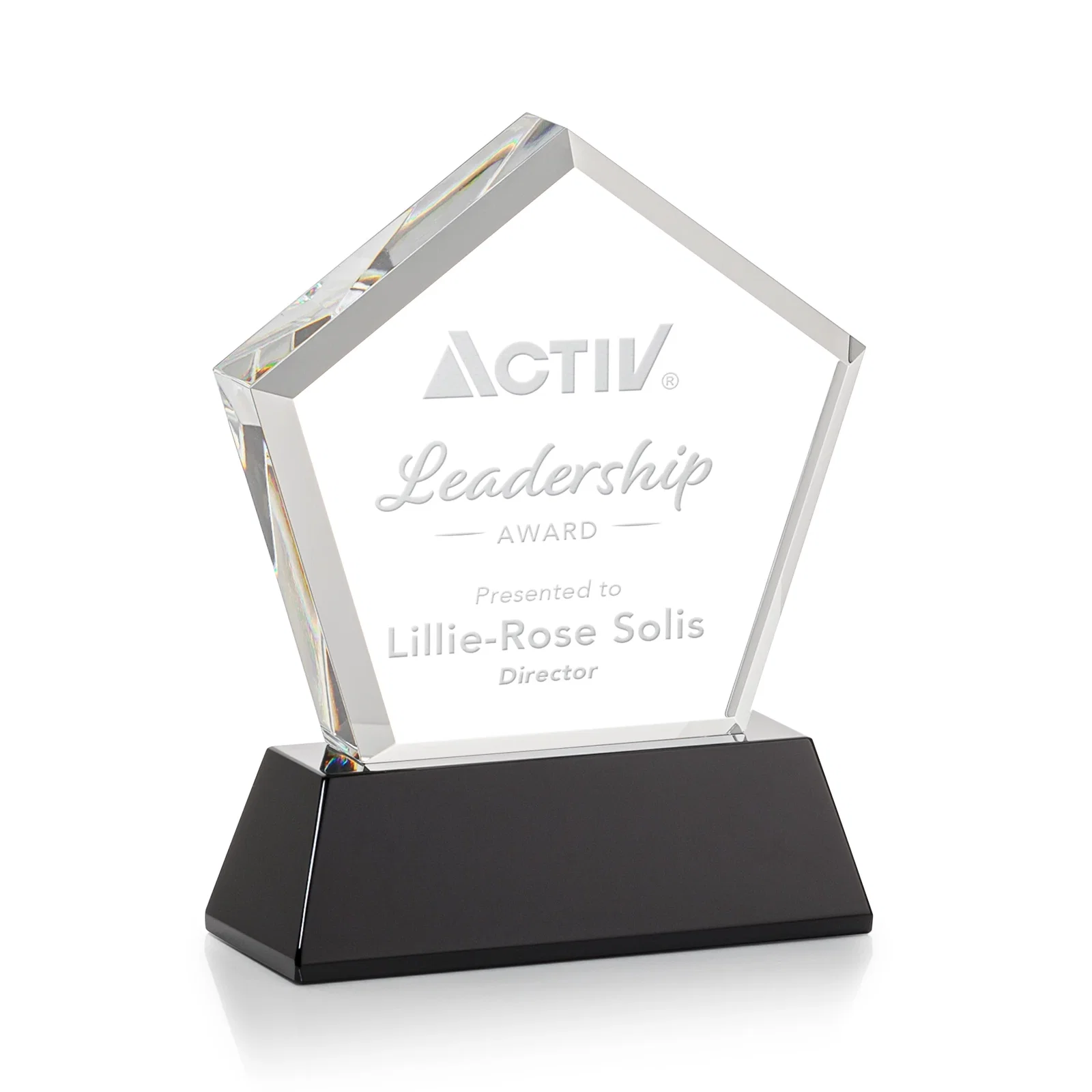 Custom printed Optical Crystal Pentagon Award with Beveled Frame on Tapered Base, awards for retirement presentations