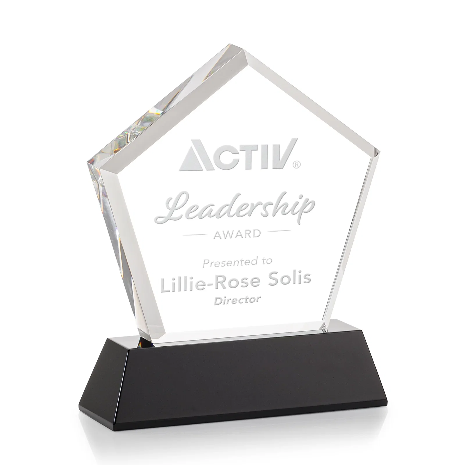 Custom printed Optical Crystal Pentagon Award with Beveled Frame on Tapered Base, awards for team milestone celebrations